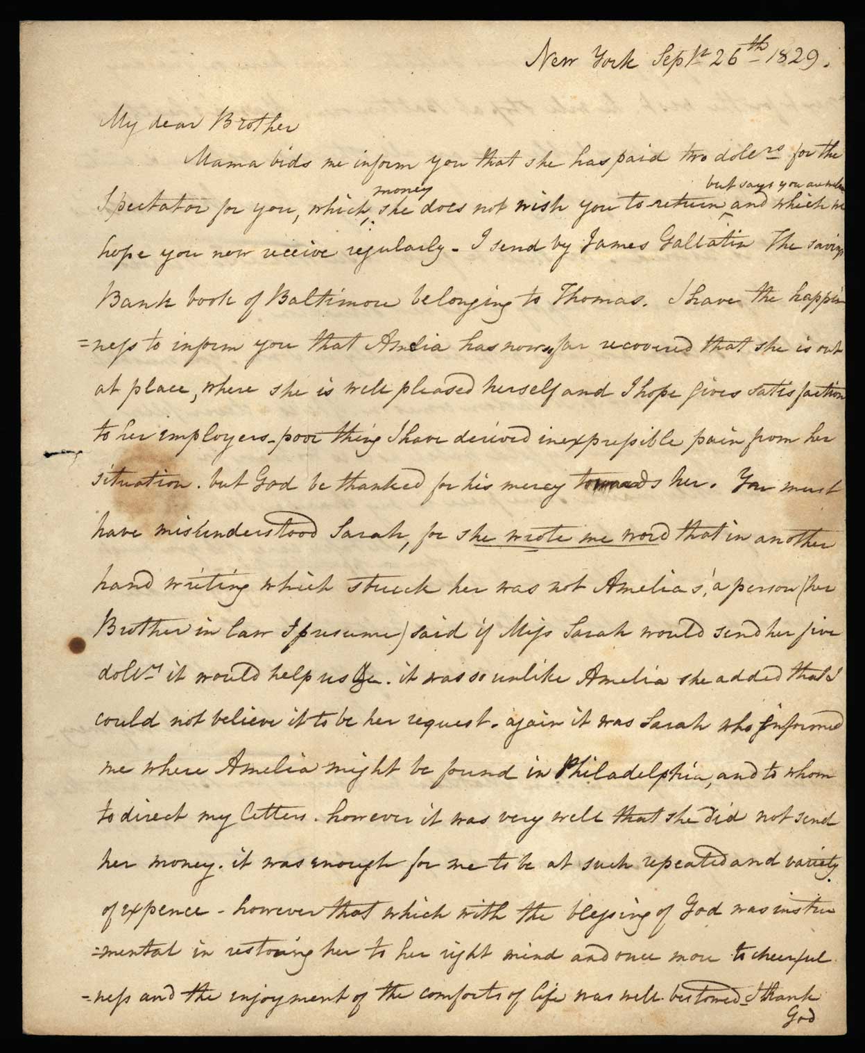 Letter. Maria [Nicholson] Montgomery, New York, New York, to James W. Nicholson Esqre P.M., New Geneva, Pennsylvania, September 1829, Page 1
