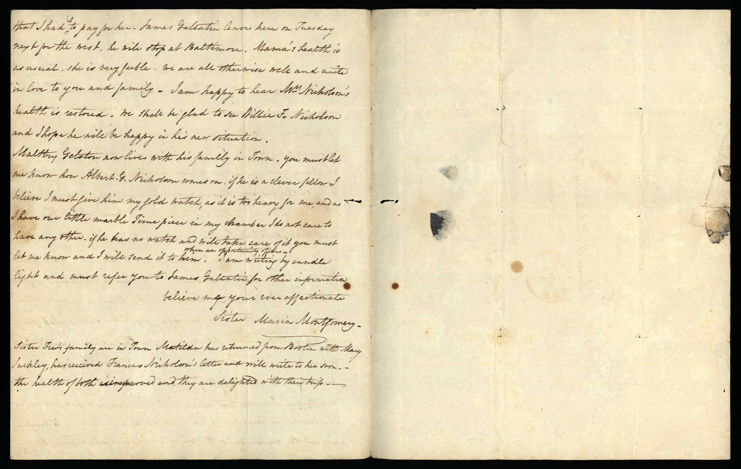 Letter. Maria [Nicholson] Montgomery, New York, New York, to James W. Nicholson Esqre P.M., New Geneva, Pennsylvania, September 1829, Page 2