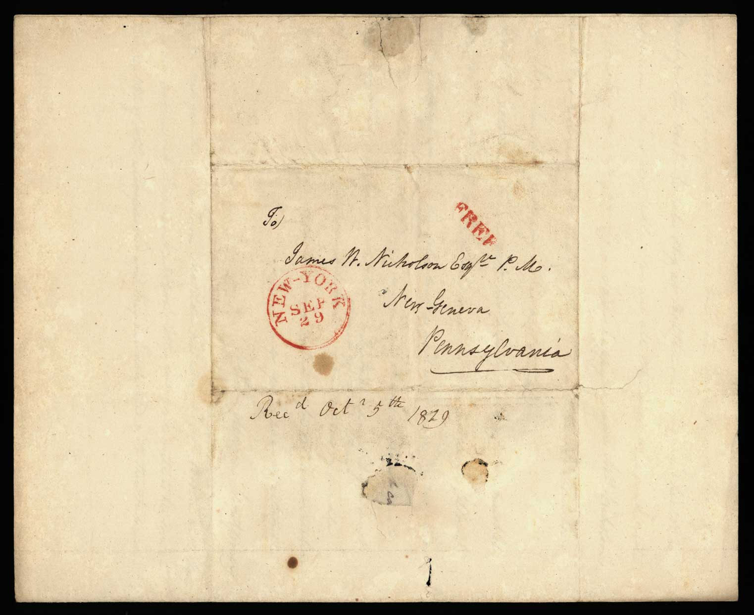 Letter. Maria [Nicholson] Montgomery, New York, New York, to James W. Nicholson Esqre P.M., New Geneva, Pennsylvania, September 1829, Address Leaf