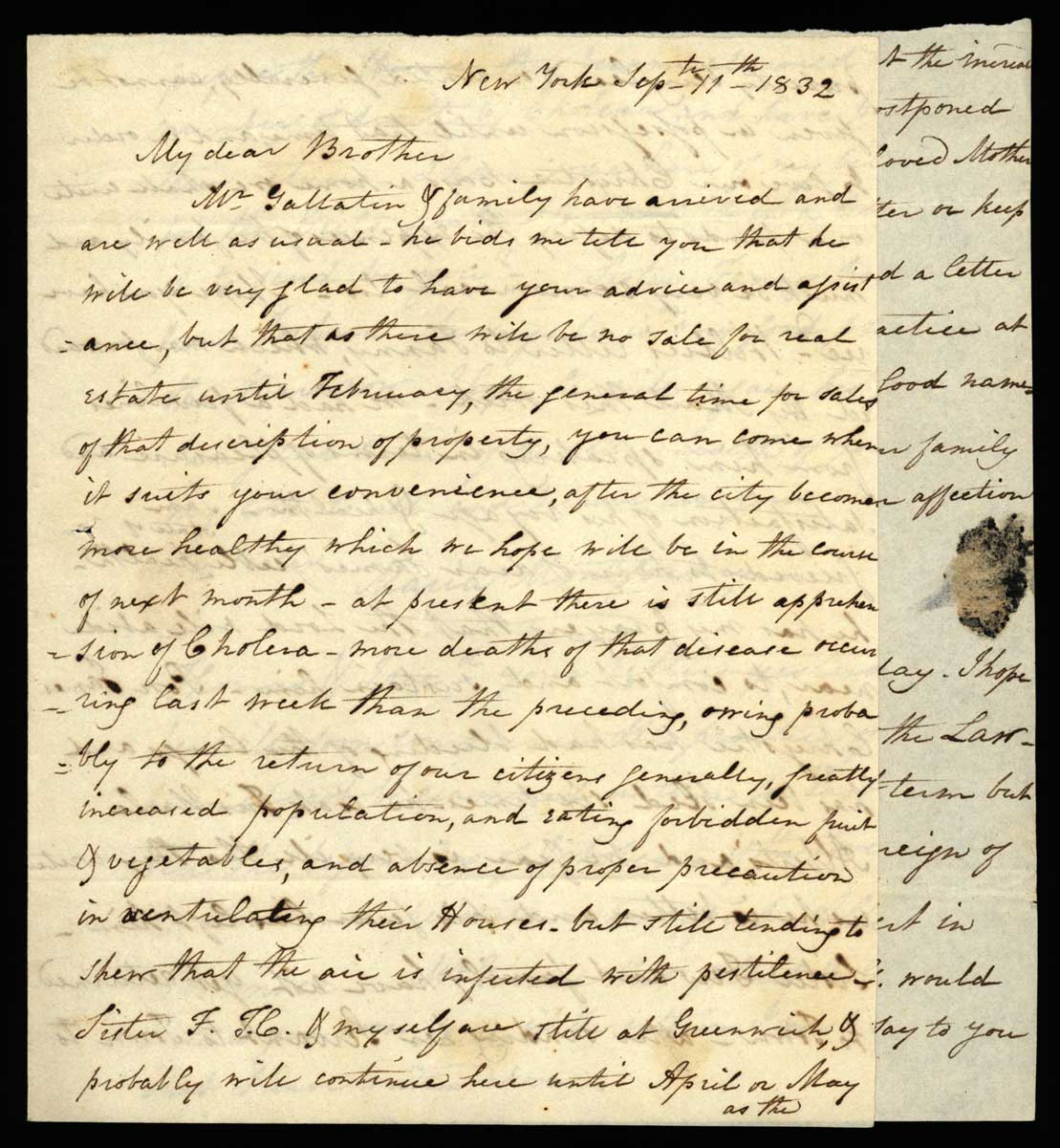 Letter. Maria [Nicholson] Montgomery, New York, New York, to James W. Nicholson Esqre P.M., New Geneva, Pennsylvania, September 1832, Page 1