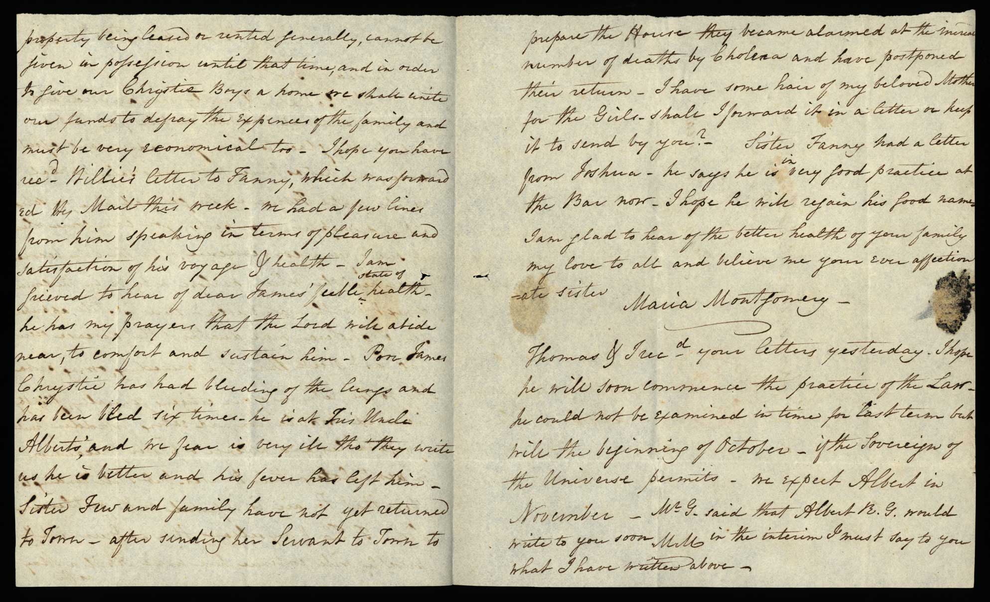 Letter. Maria [Nicholson] Montgomery, New York, New York, to James W. Nicholson Esqre P.M., New Geneva, Pennsylvania, September 1832, Pages 2 and 3