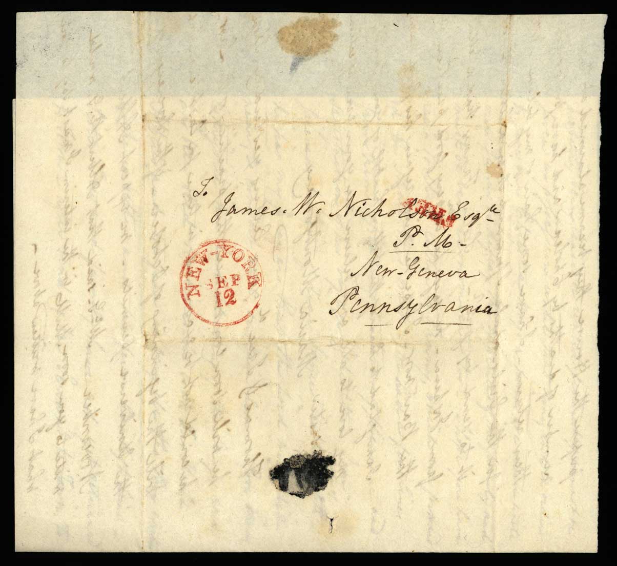 Letter. Maria [Nicholson] Montgomery, New York, New York, to James W. Nicholson Esqre P.M., New Geneva, Pennsylvania, September 1832, Address Leaf