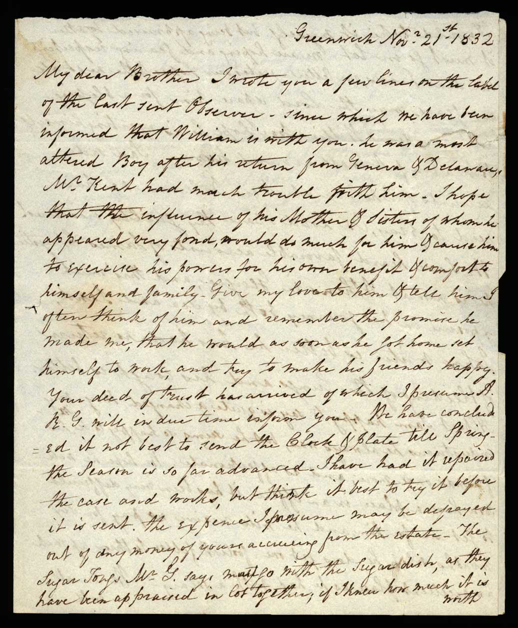 Letter. Maria [Nicholson] Montgomery, Greenwich, New York, to James W. Nicholson Esqre P.M., New Geneva, Pennsylvania, November 1832, Page 1
