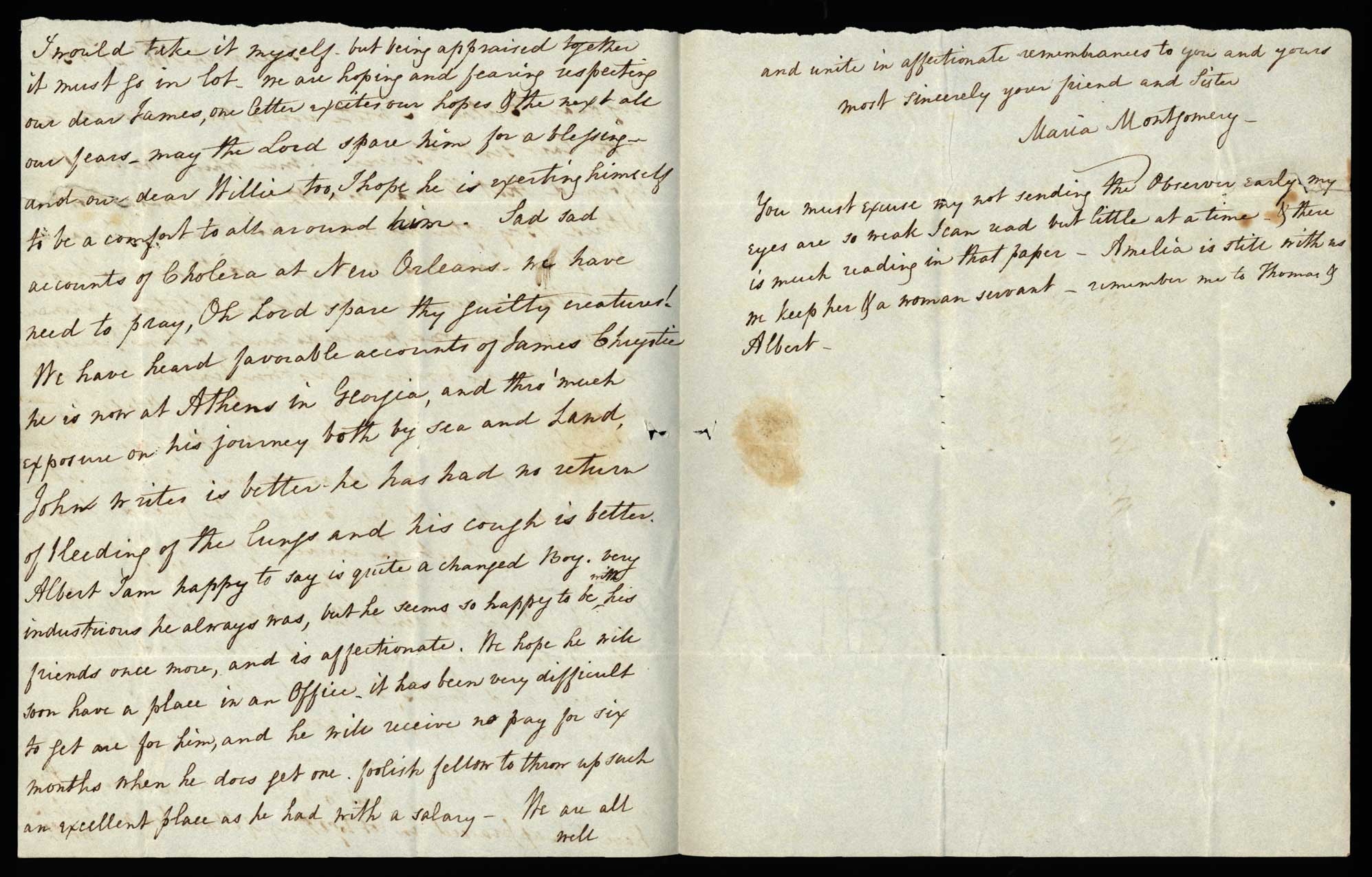Letter. Maria [Nicholson] Montgomery, Greenwich, New York, to James W. Nicholson Esqre P.M., New Geneva, Pennsylvania, November 1832, Pages 2 and 3