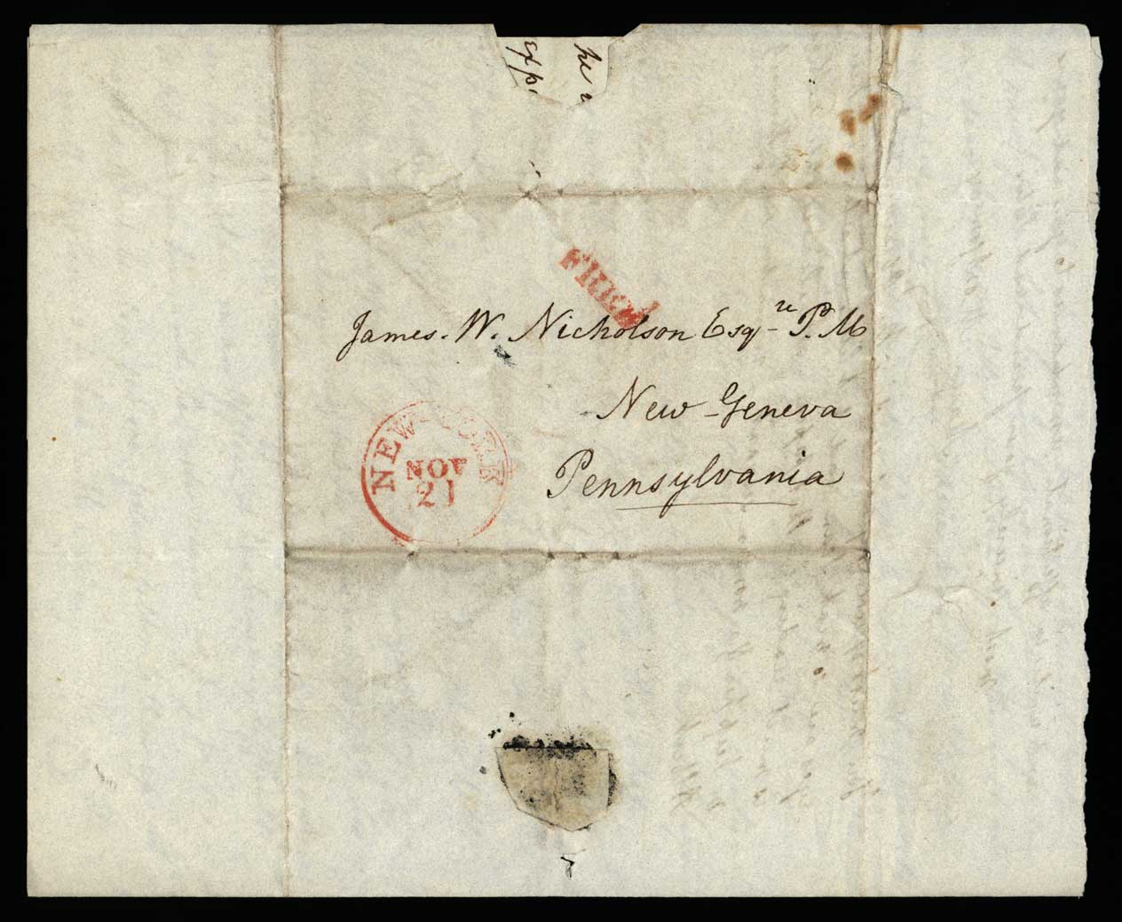 Letter. Maria [Nicholson] Montgomery, Greenwich, New York, to James W. Nicholson Esqre P.M., New Geneva, Pennsylvania, November 1832, Address Leaf