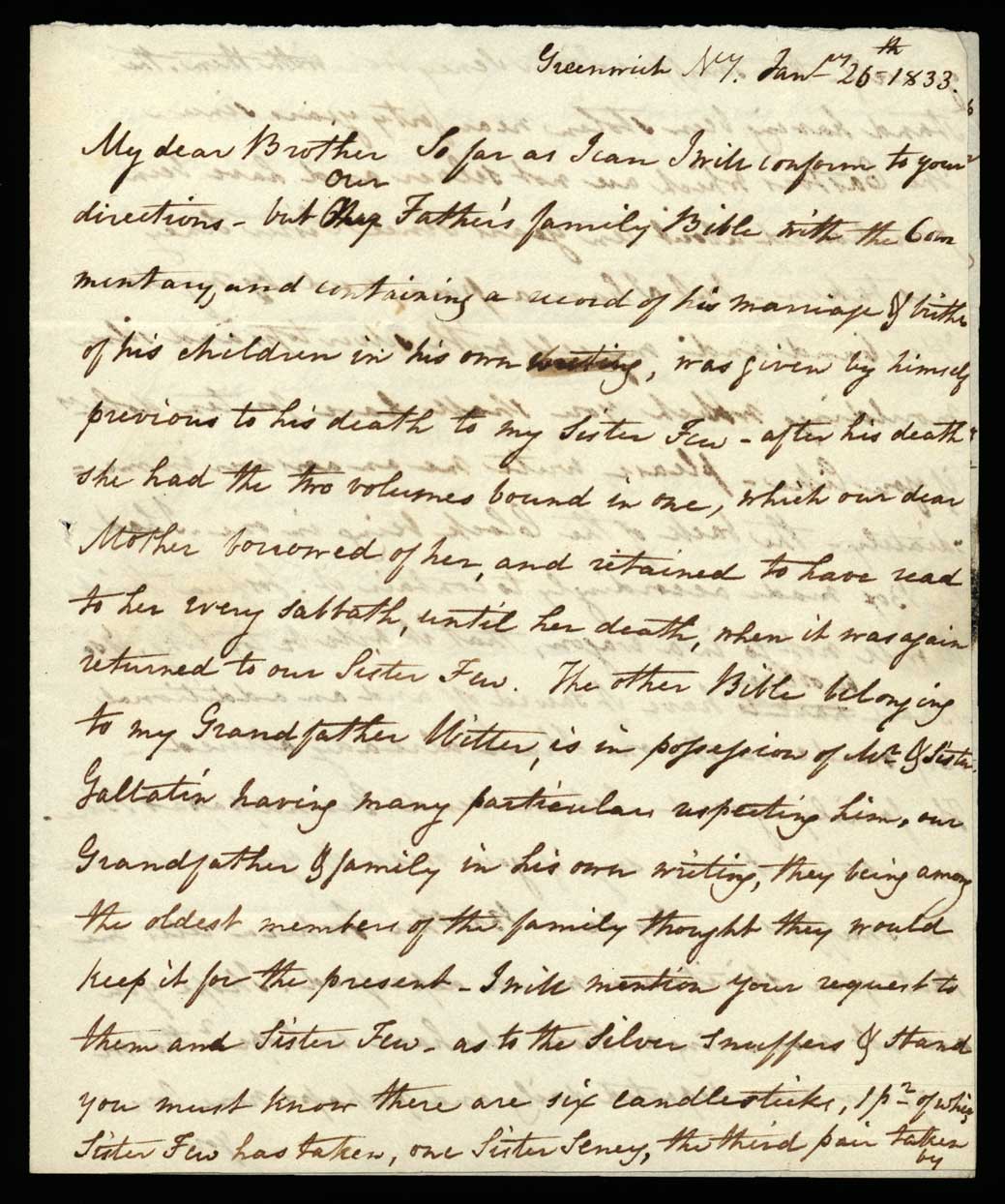 Letter. Maria [Nicholson] Montgomery, Greenwich, New York, to James W. Nicholson Esqre, New Geneva, Pennsylvania, January 1833, Page 1