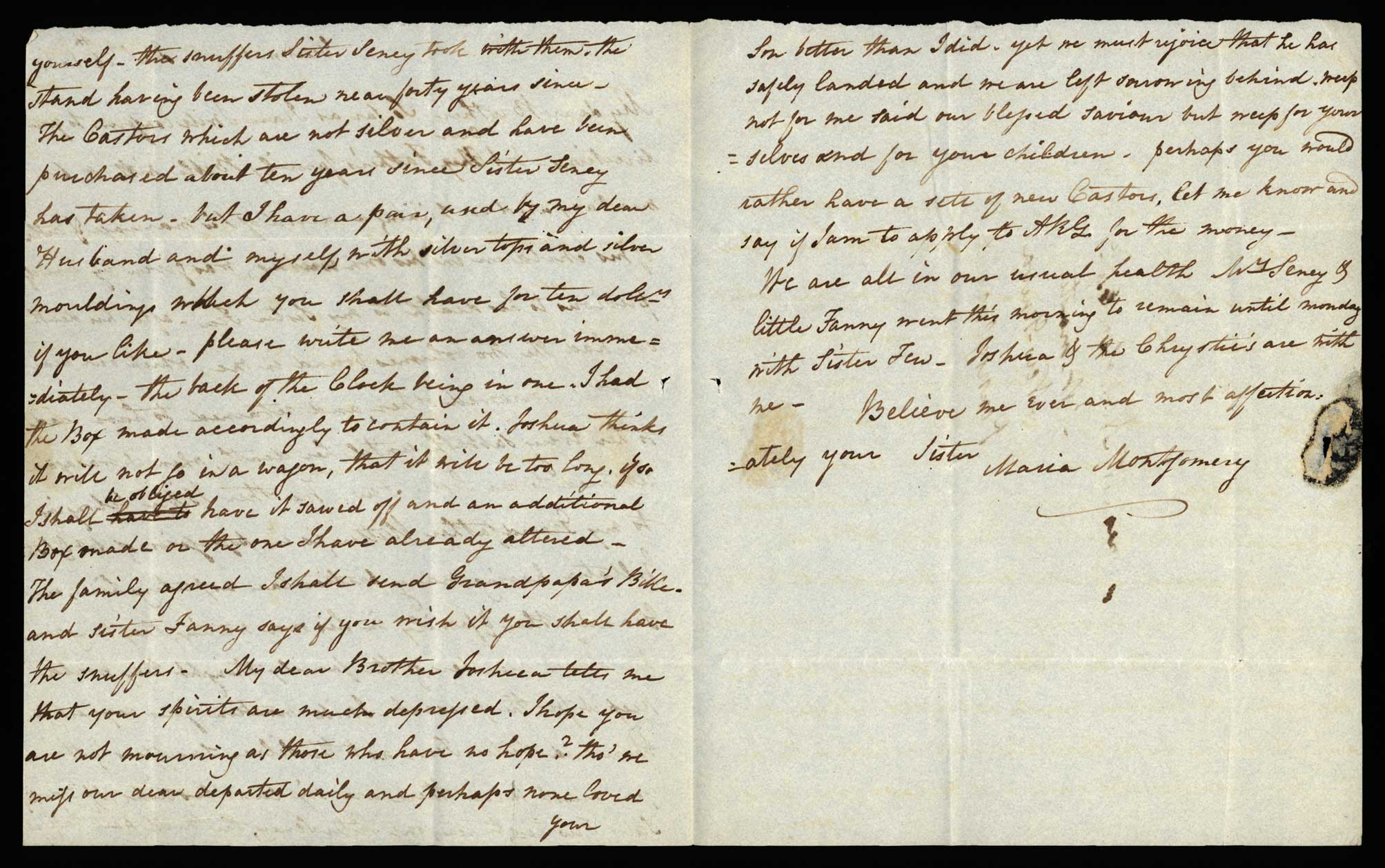 Letter. Maria [Nicholson] Montgomery, Greenwich, New York, to James W. Nicholson Esqre, New Geneva, Pennsylvania, January 1833, Pages 2 and 3