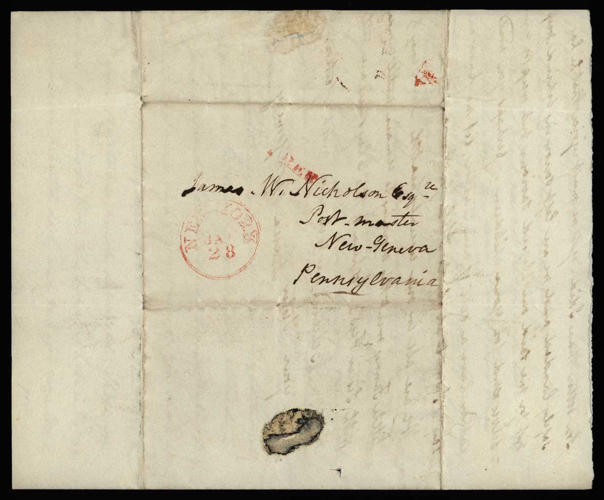 Letter. Maria [Nicholson] Montgomery, Greenwich, New York, to James W. Nicholson Esqre, New Geneva, Pennsylvania, January 1833, Address Leaf