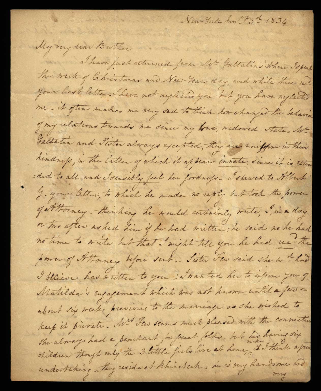 Letter. Maria [Nicholson] Montgomery, New York, New York, to James W. Nicholson Esqre, New Geneva, Pennsylvania, Janjary 1834, Page 1
