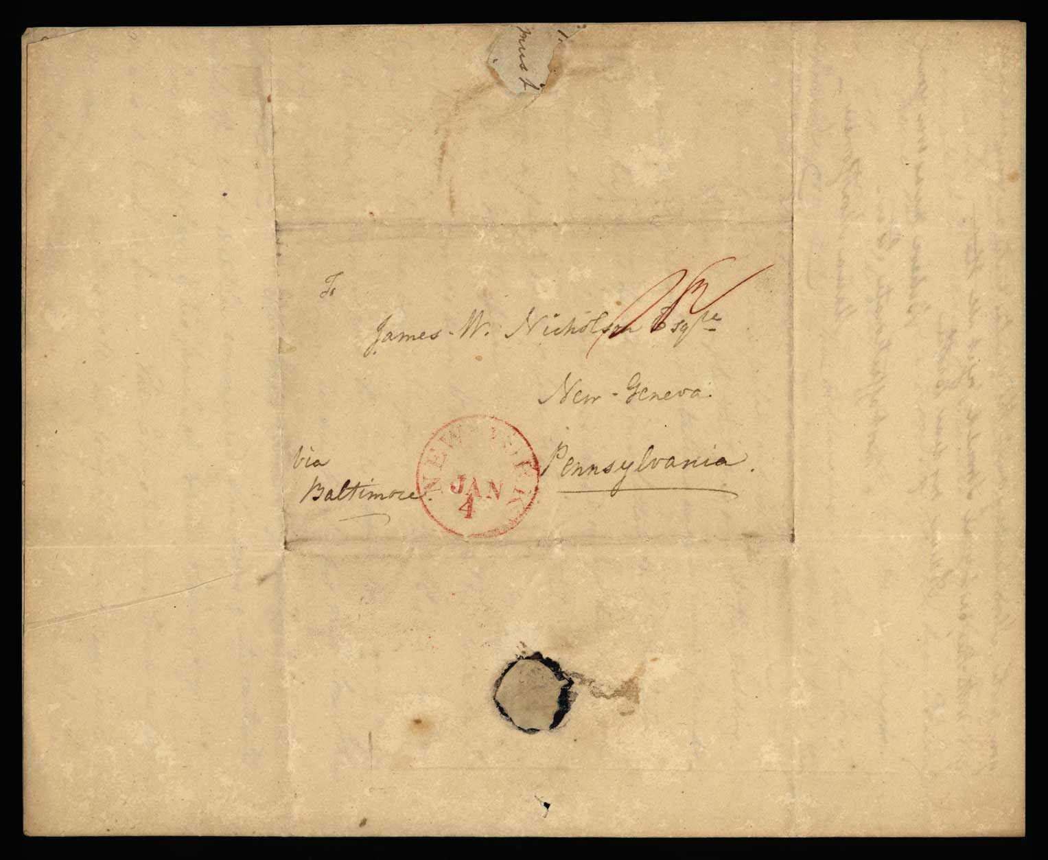 Letter. Maria [Nicholson] Montgomery, New York, New York, to James W. Nicholson Esqre, New Geneva, Pennsylvania, Janjary 1834, Address Leaf