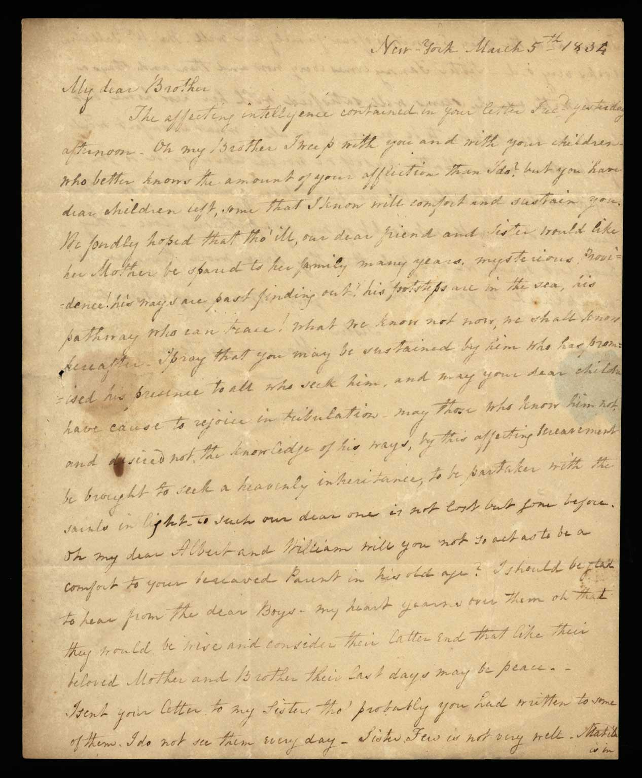 Letter. Maria [Nicholson] Montgomery, New York, New York, to James W. Nicholson Esqre, New Geneva, Pennsylvania, March 1834, Page 1