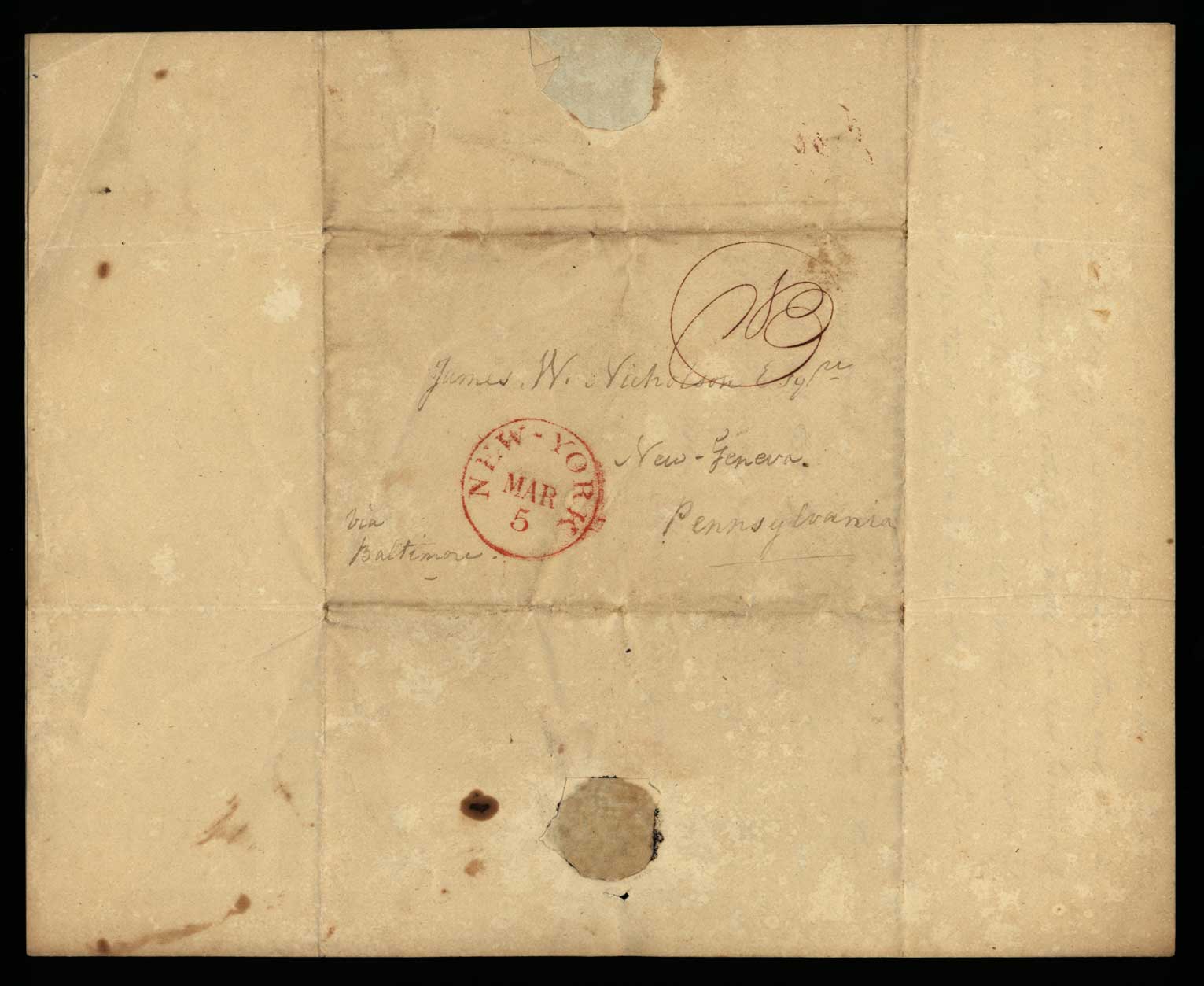 Letter. Maria [Nicholson] Montgomery, New York, New York, to James W. Nicholson Esqre, New Geneva, Pennsylvania, March 1834, Address Leaf