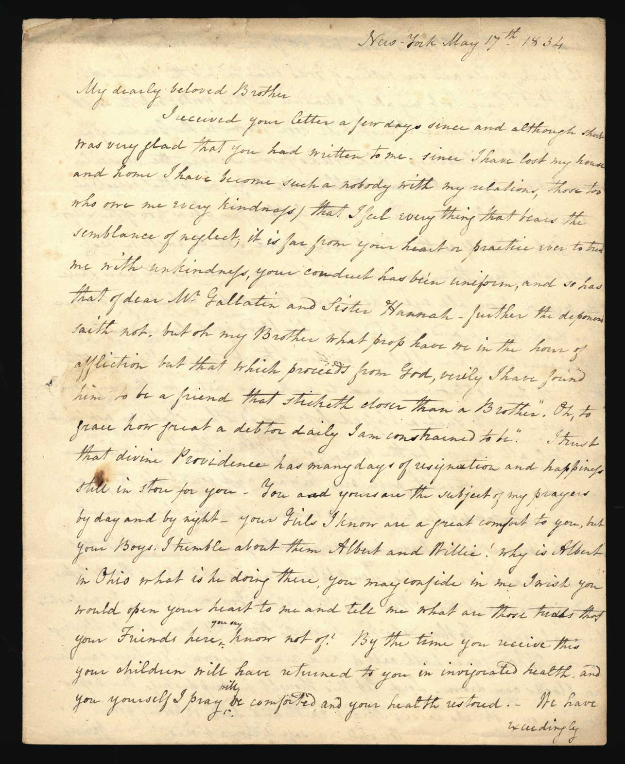 Letter. Maria [Nicholson] Montgomery, New York, New York, to James W. Nicholson Esqre P.M., New Geneva, Pennsylvania, May 1834, Page 1