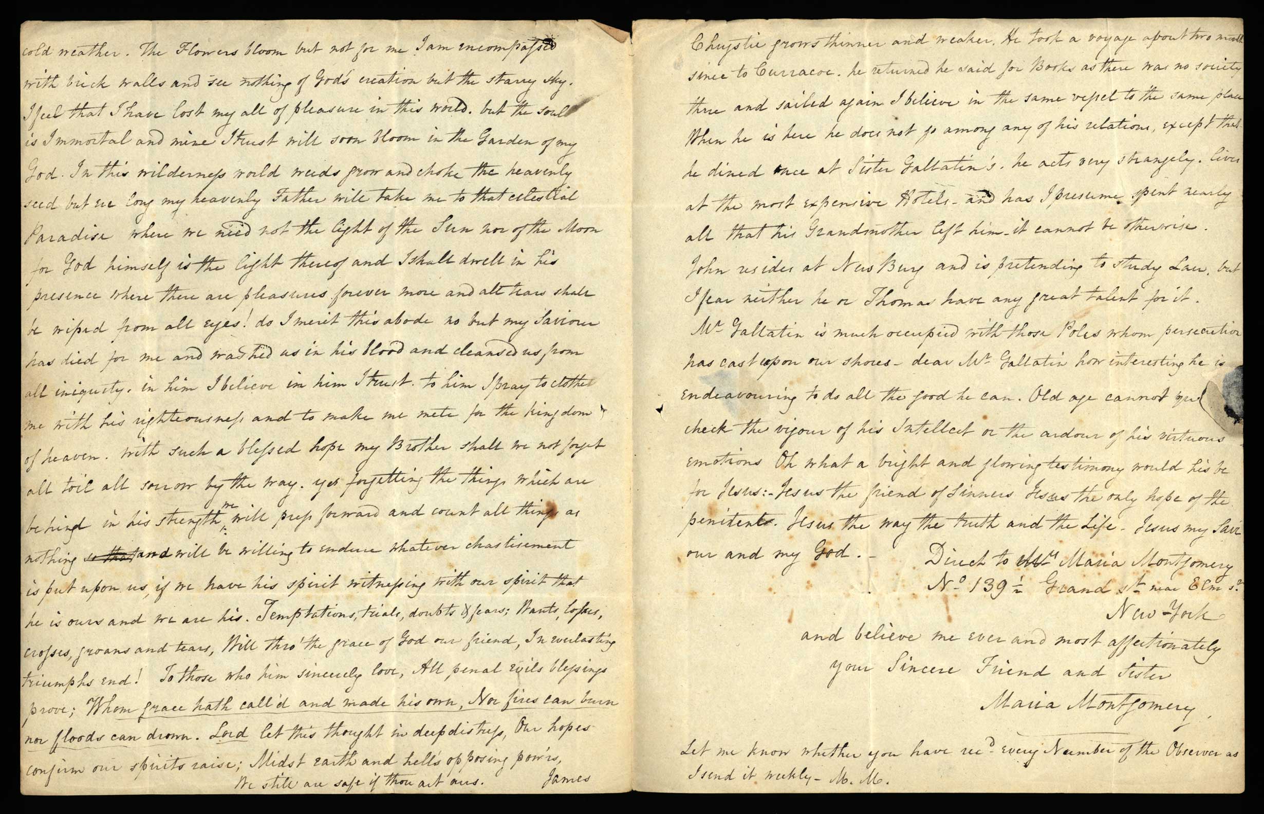 Letter. Maria [Nicholson] Montgomery, New York, New York, to James W. Nicholson Esqre P.M., New Geneva, Pennsylvania, May 1834, Pages 2 and 3