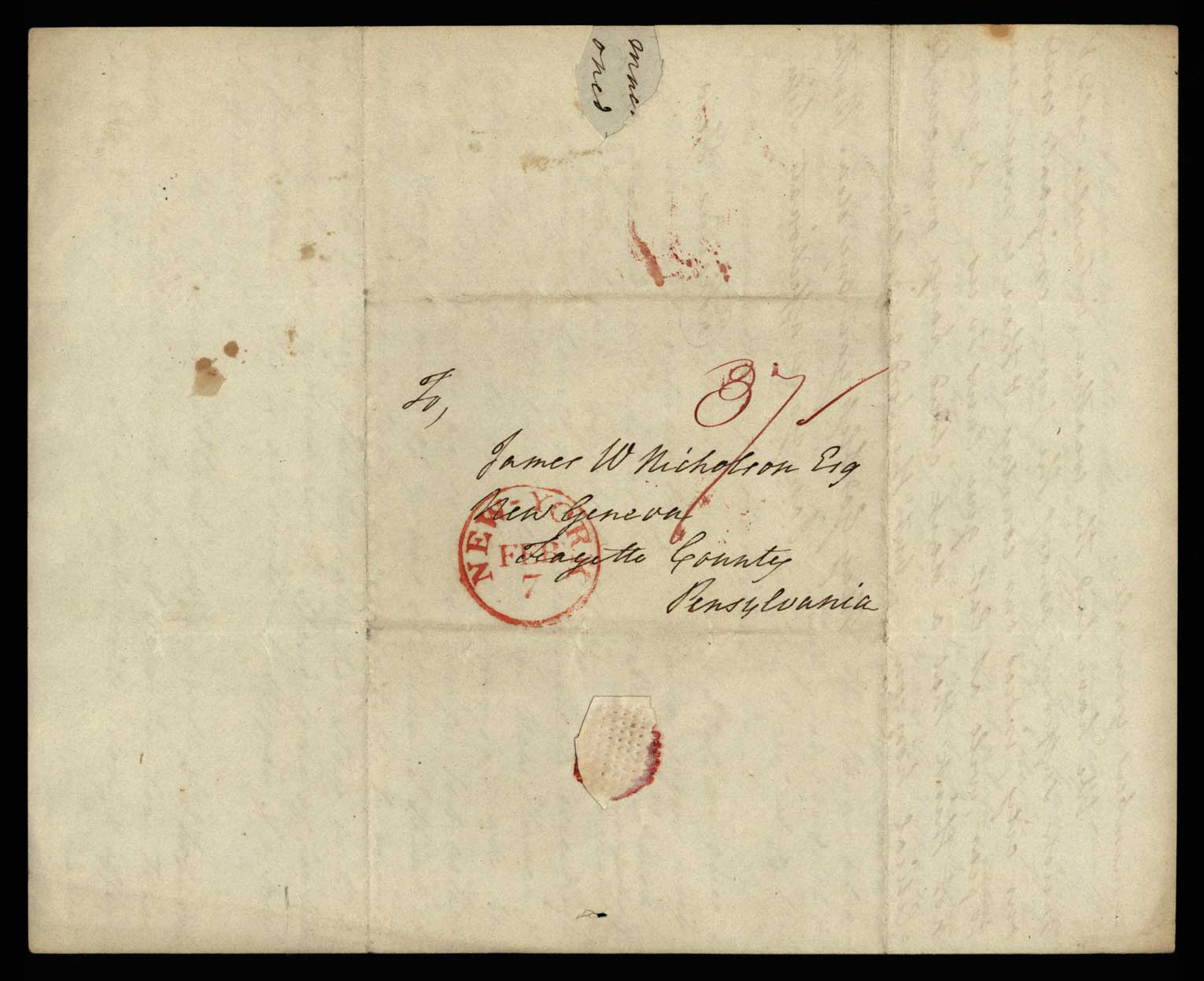 Letter. Catharine [Nicholson] Few, n. p., to James W. Nicholson Esq, New Geneva, Pennsylvania, Page Address Leaf