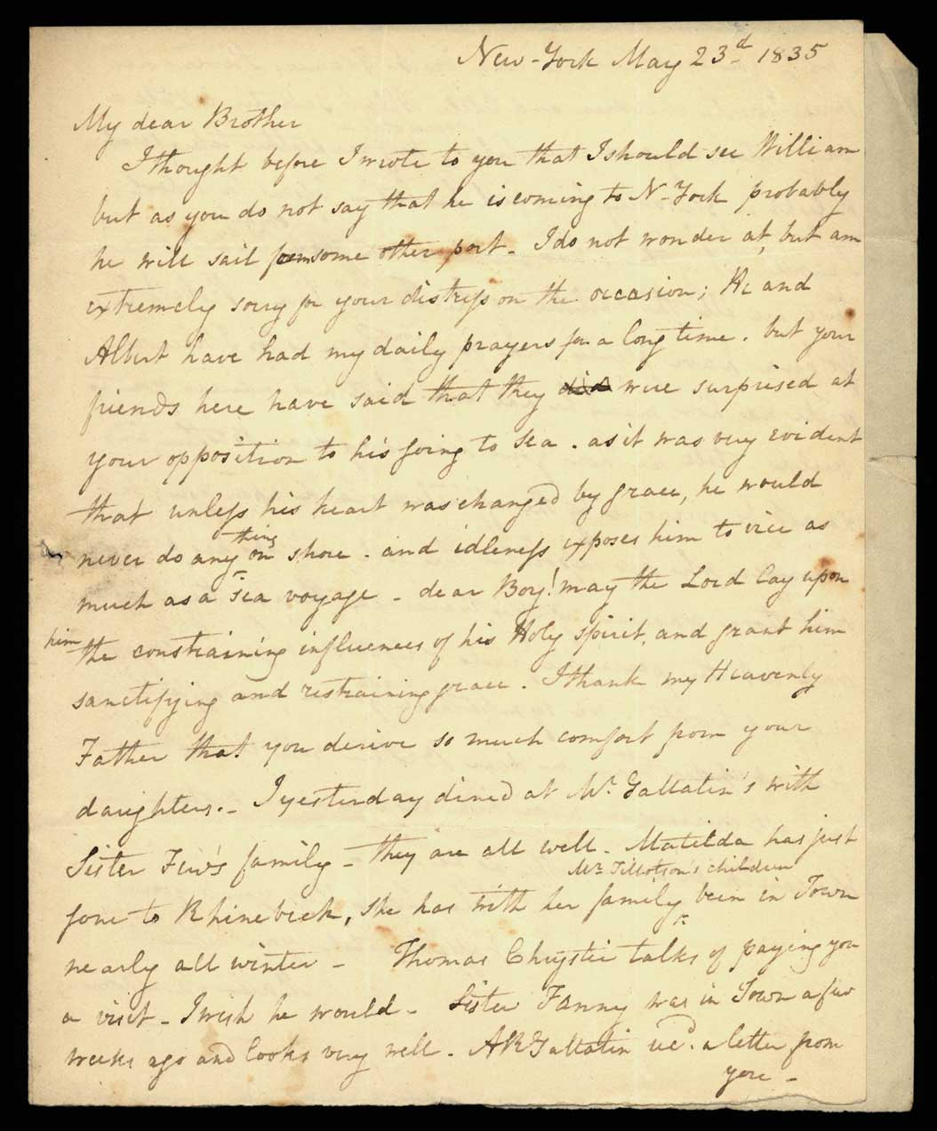 Letter. Maria [Nicholson] Montgomery, New York, New York, to James W. Nicholson Esqre P.M., New Geneva, Pennsylvania, May 1835, Page 1