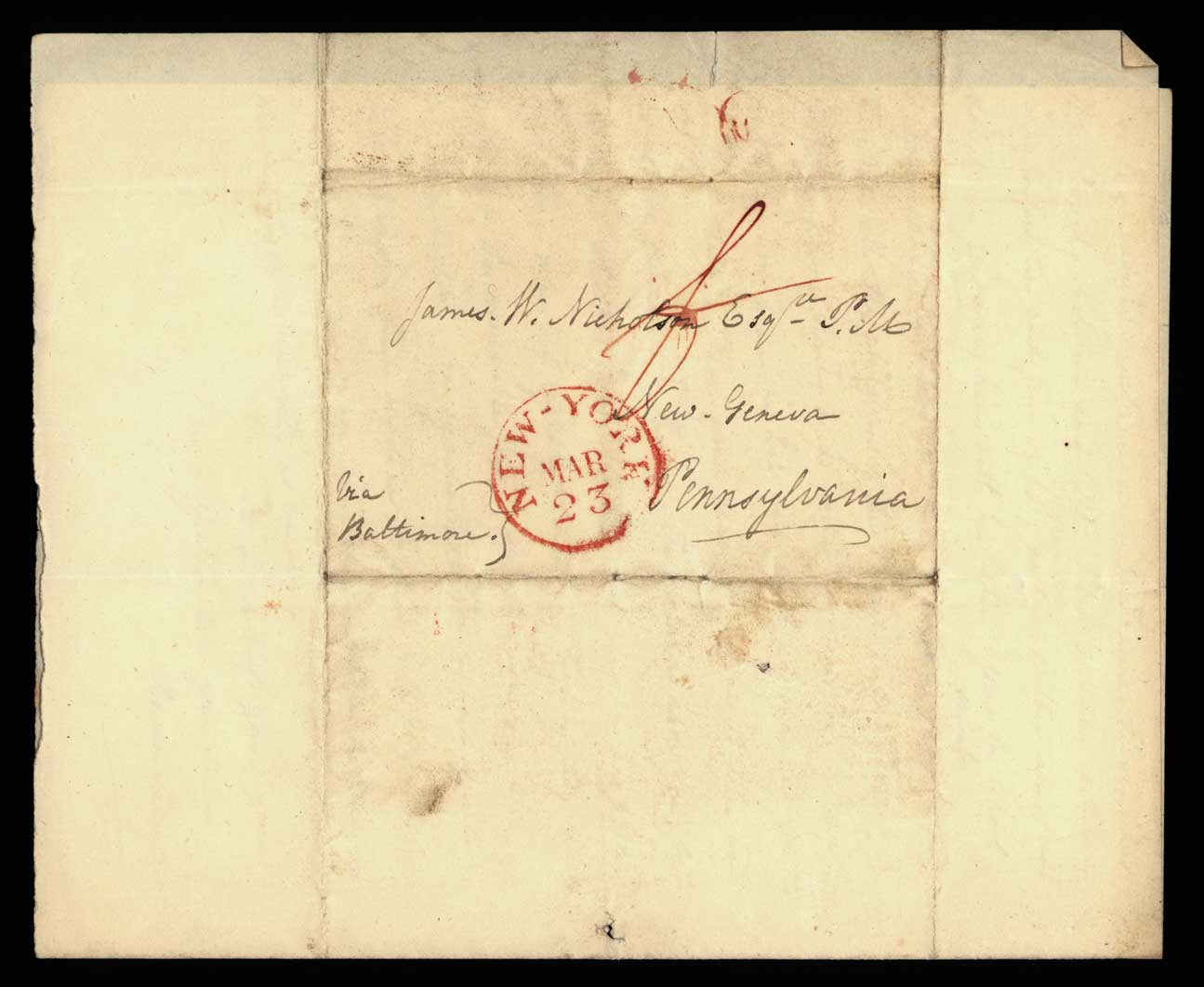 Letter. Maria [Nicholson] Montgomery, New York, New York, to James W. Nicholson Esqre P.M., New Geneva, Pennsylvania, May 1835, Address Leaf