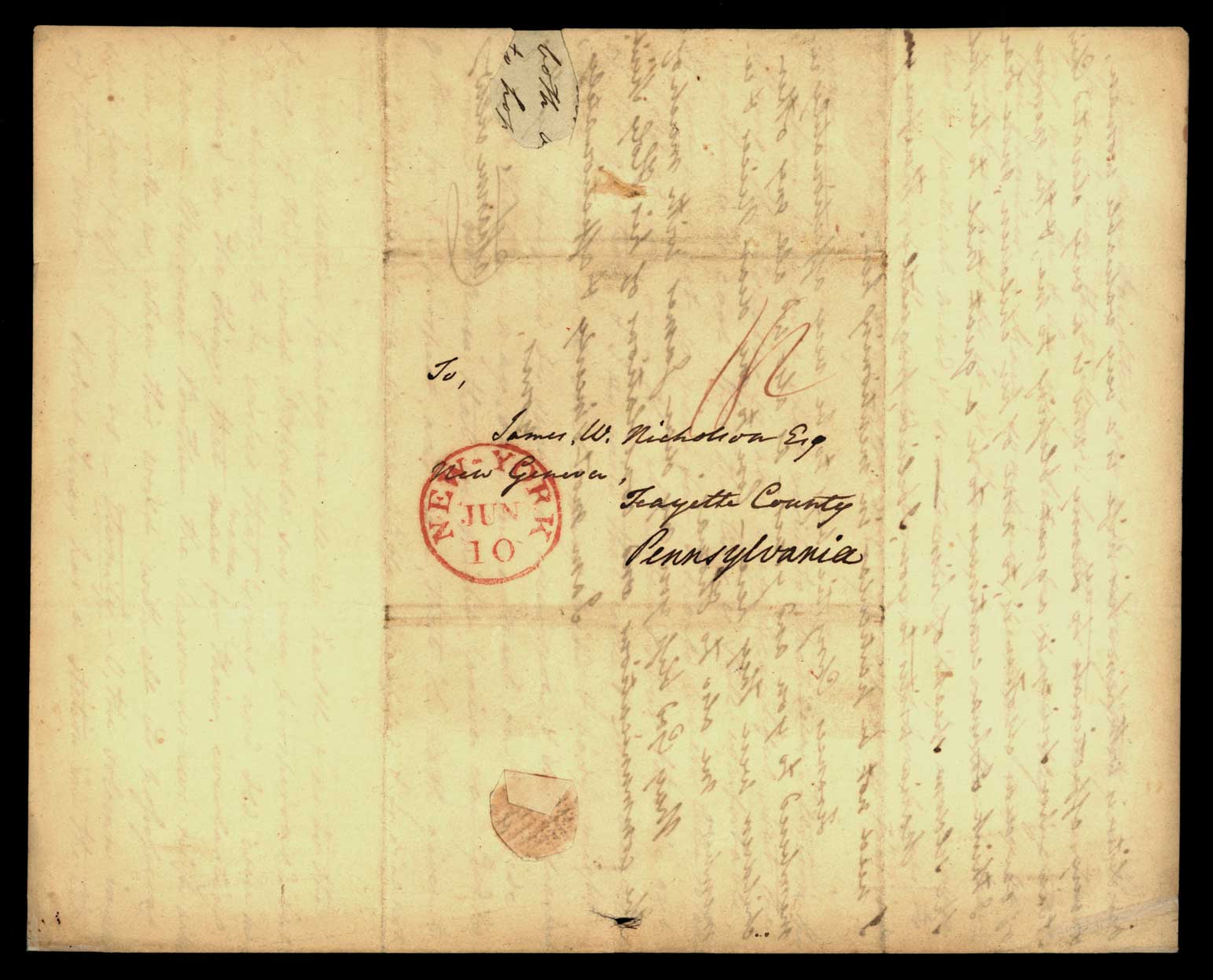Letter. Catharine [Nicholson] Few, n. p., to James W. Nicholson Esq, New Geneva, Pennsylvania, 1835 June 9, Address Leaf