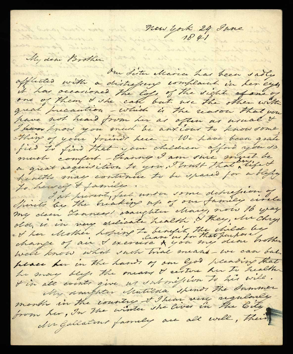 Letter. Catharine [Nicholson] Few, New York, New York, to James W. Nicholson, Esq, New Geneva, Pennsylvania, June 1841, Page 1