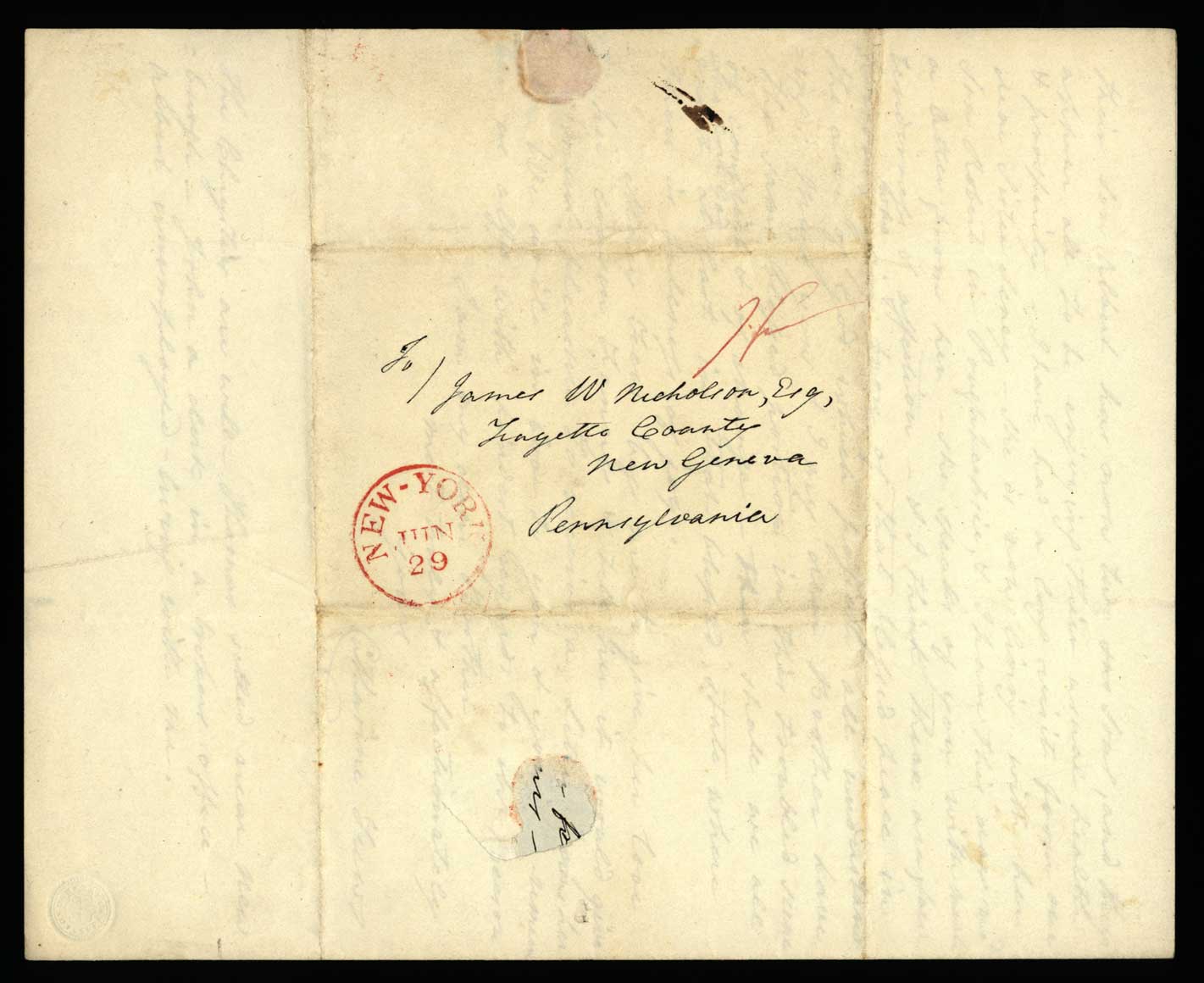 Letter. Catharine [Nicholson] Few, New York, New York, to James W. Nicholson, Esq, New Geneva, Pennsylvania, June 1841, Address Leaf