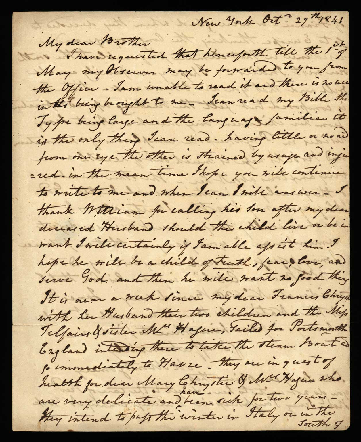 Letter. M[aria Nicholson] Montgomery, New York, New York, to James W. Nicholson Esqre, New Geneva, Pennsylvania, October 1841, Page 1