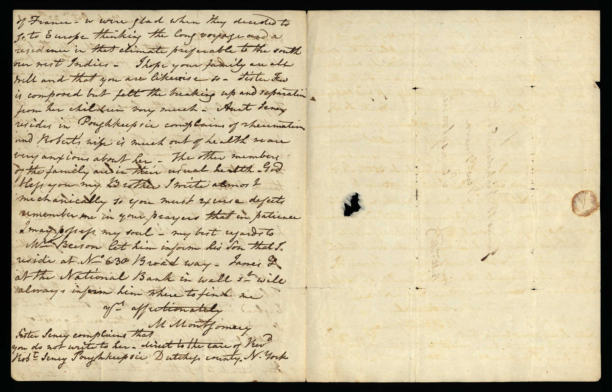 Letter. M[aria Nicholson] Montgomery, New York, New York, to James W. Nicholson Esqre, New Geneva, Pennsylvania, October 1841, Address Leaf