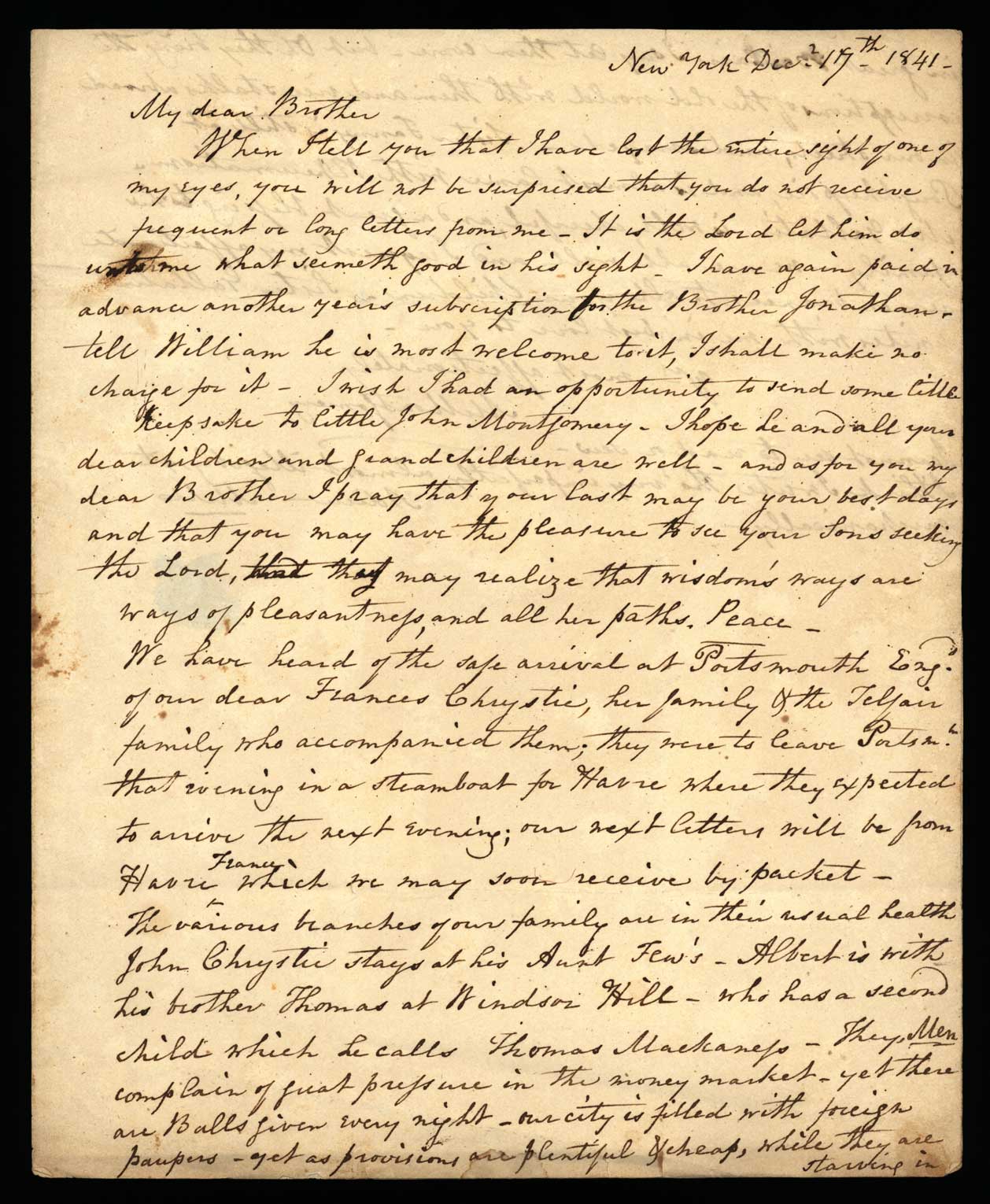 Letter. M[aria Nicholson] Montgomery, New York, New York, to James W. Nicholson Esqre, New Geneva, Pennsylvania, December 1841, Page 1