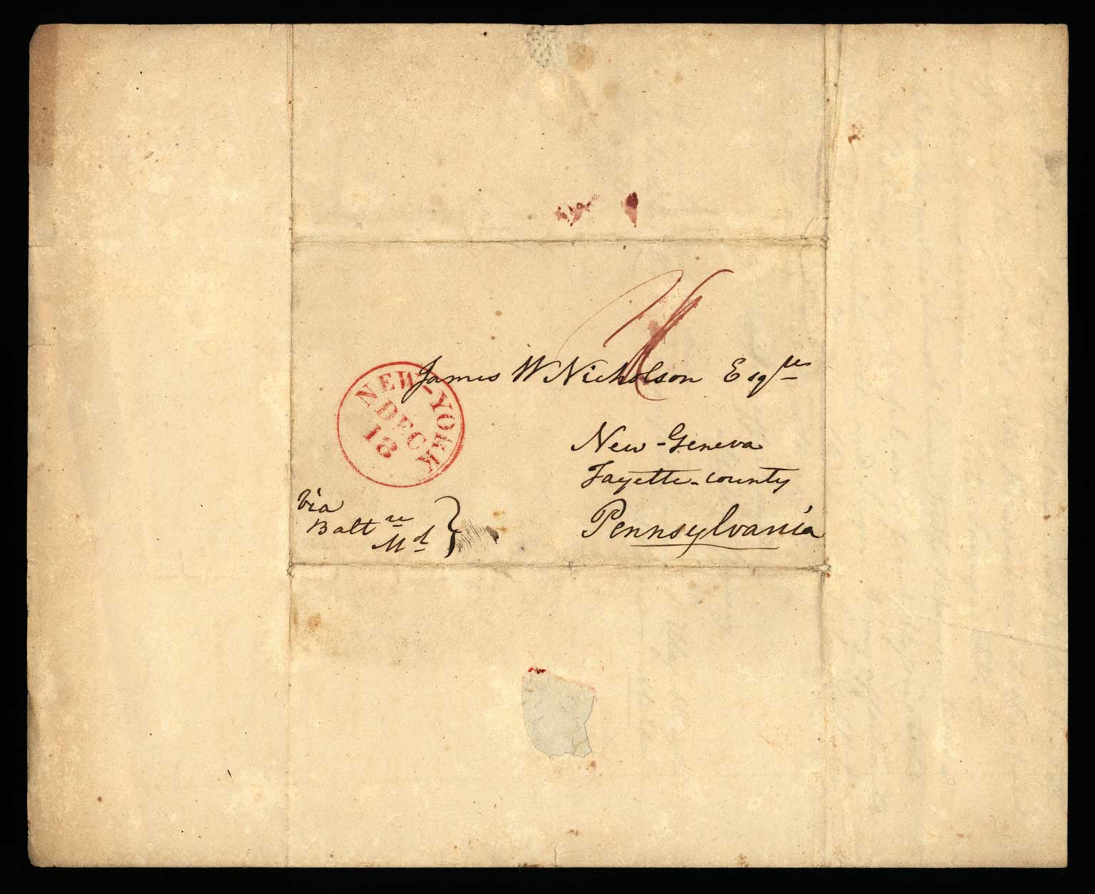 Letter. M[aria Nicholson] Montgomery, New York, New York, to James W. Nicholson Esqre, New Geneva, Pennsylvania, December 1841, Address Leaf