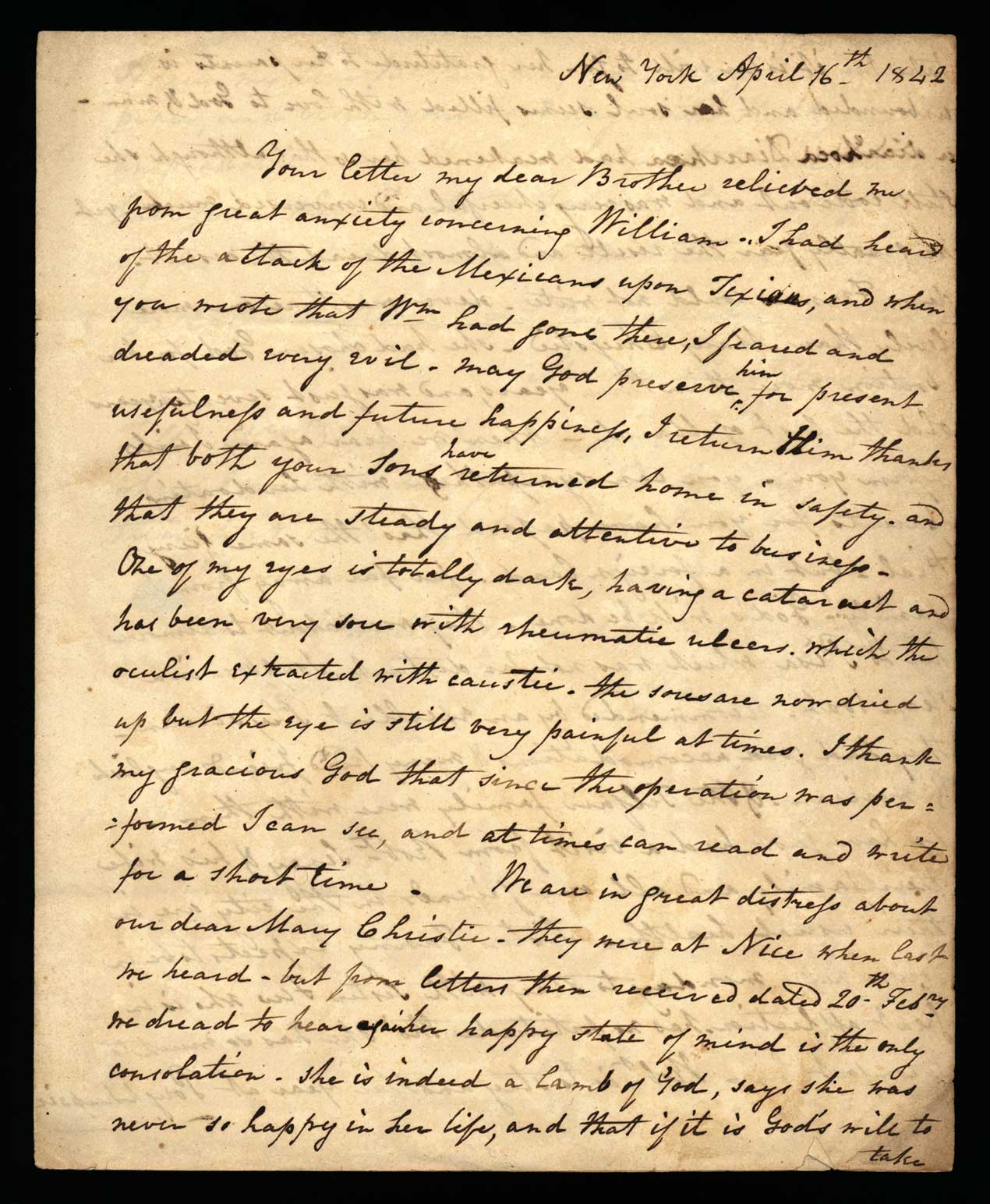 Letter. Maria [Nicholson] Montgomery, New York, New York, to James W. Nicholson Esqre, New Geneva, Pennsylvania, April 16, 1842, Page 1
