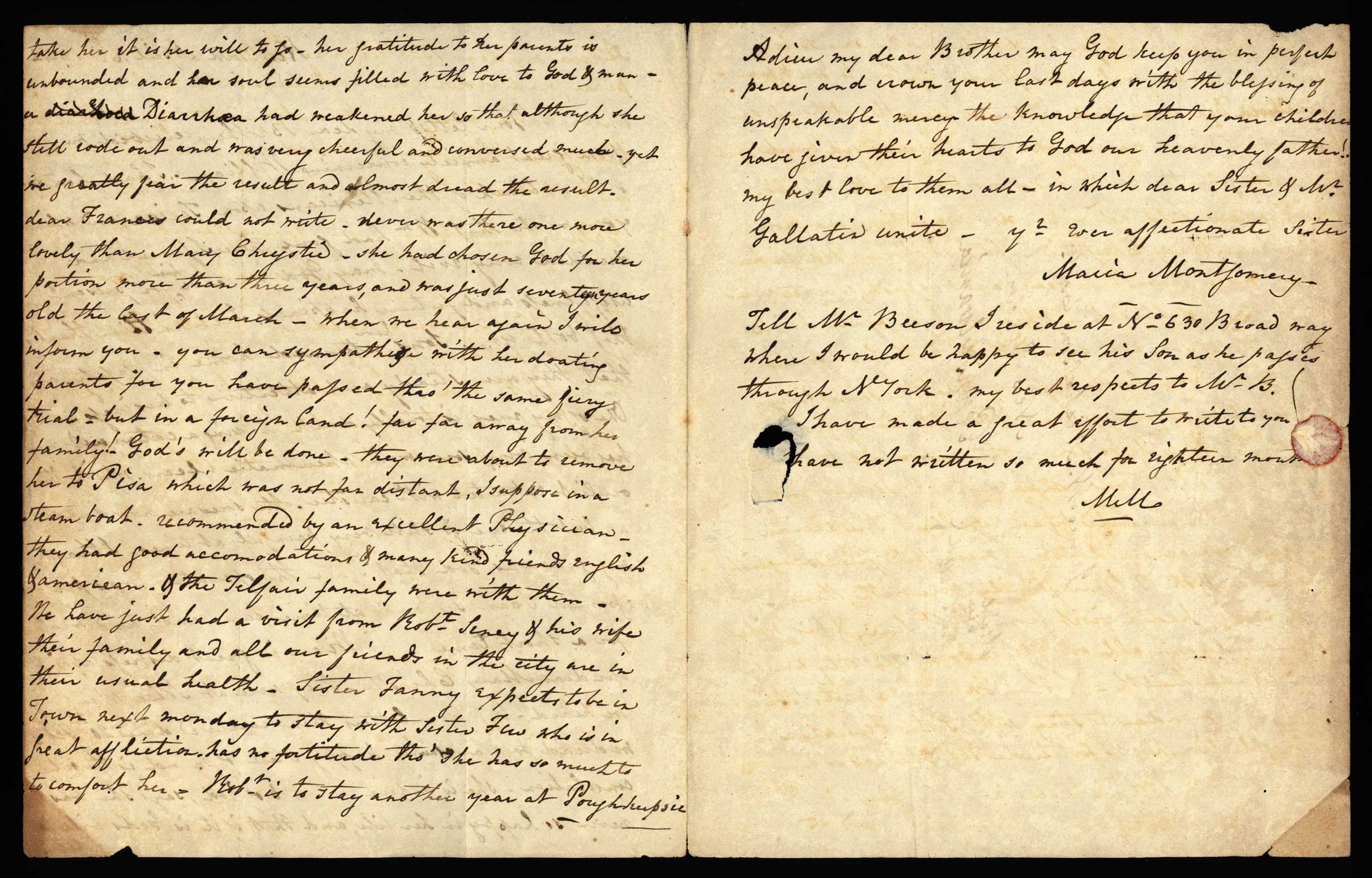 Letter. Maria [Nicholson] Montgomery, New York, New York, to James W. Nicholson Esqre, New Geneva, Pennsylvania, April 16, 1842, Pages 2 and 3