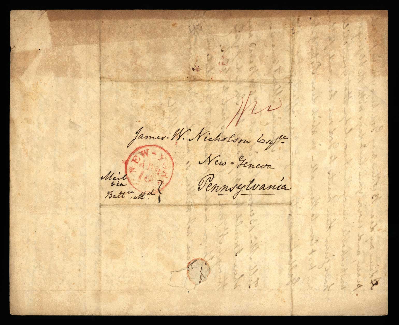 Letter. Maria [Nicholson] Montgomery, New York, New York, to James W. Nicholson Esqre, New Geneva, Pennsylvania, April 16, 1842, Address Leaf