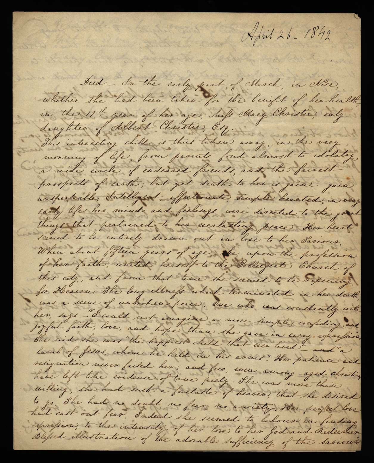 Letter. Maria [Nicholson] Montgomery, New York, New York, to James W. Nicholson Esqre, New Geneva, Pennsylvania, April 26, 1842, Page 1
