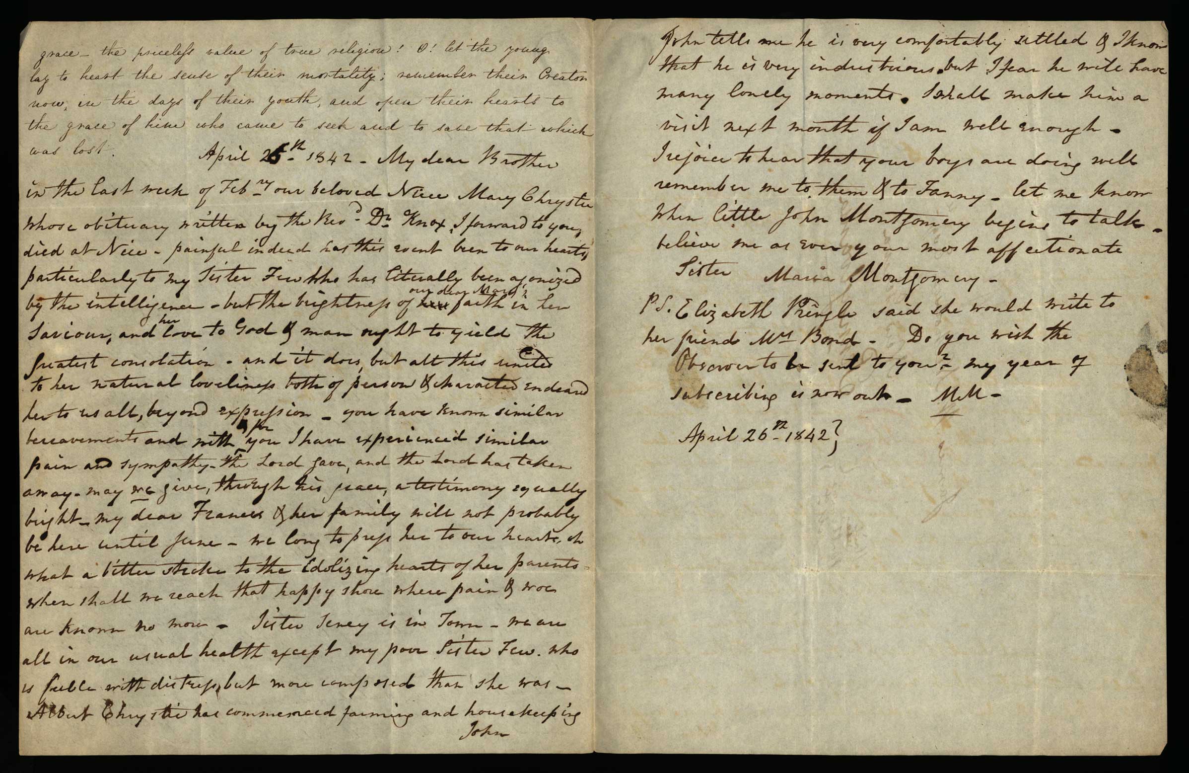 Letter. Maria [Nicholson] Montgomery, New York, New York, to James W. Nicholson Esqre, New Geneva, Pennsylvania, April 26, 1842, Pages 2 and 3