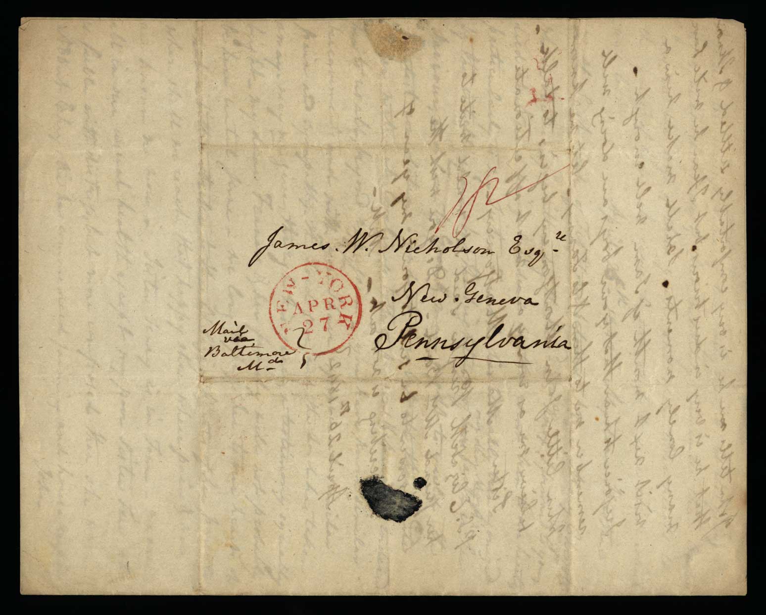 Letter. Maria [Nicholson] Montgomery, New York, New York, to James W. Nicholson Esqre, New Geneva, Pennsylvania, April 26, 1842, Address Leaf