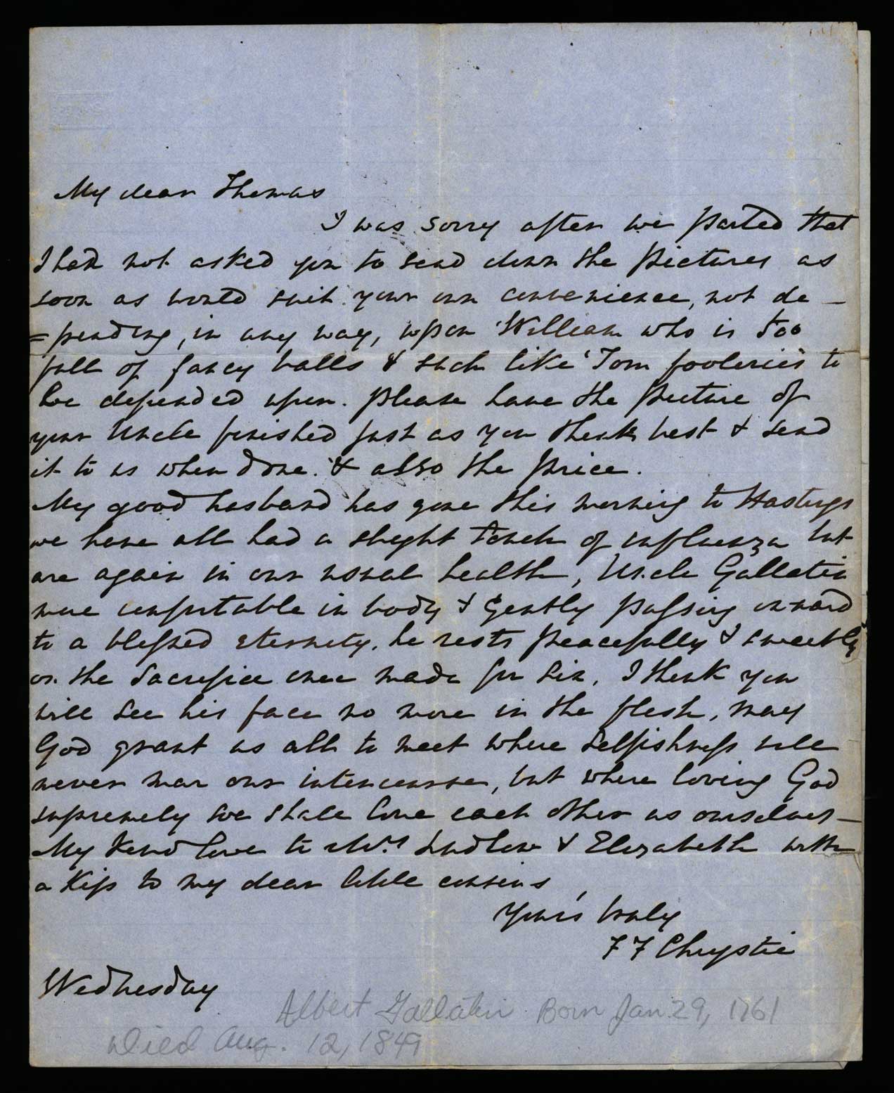 Letter. F[rances Few] Chrystie, n. p., to Thomas Chrystie Esqre, Windsor Hill near Newburgh, New York, Page 1