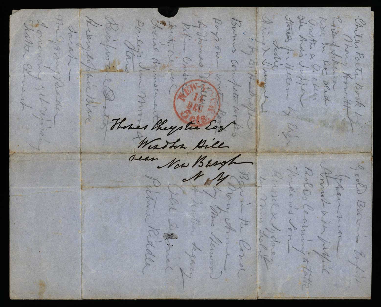 Letter. F[rances Few] Chrystie, n. p., to Thomas Chrystie Esqre, Windsor Hill near Newburgh, New York, Address Leaf