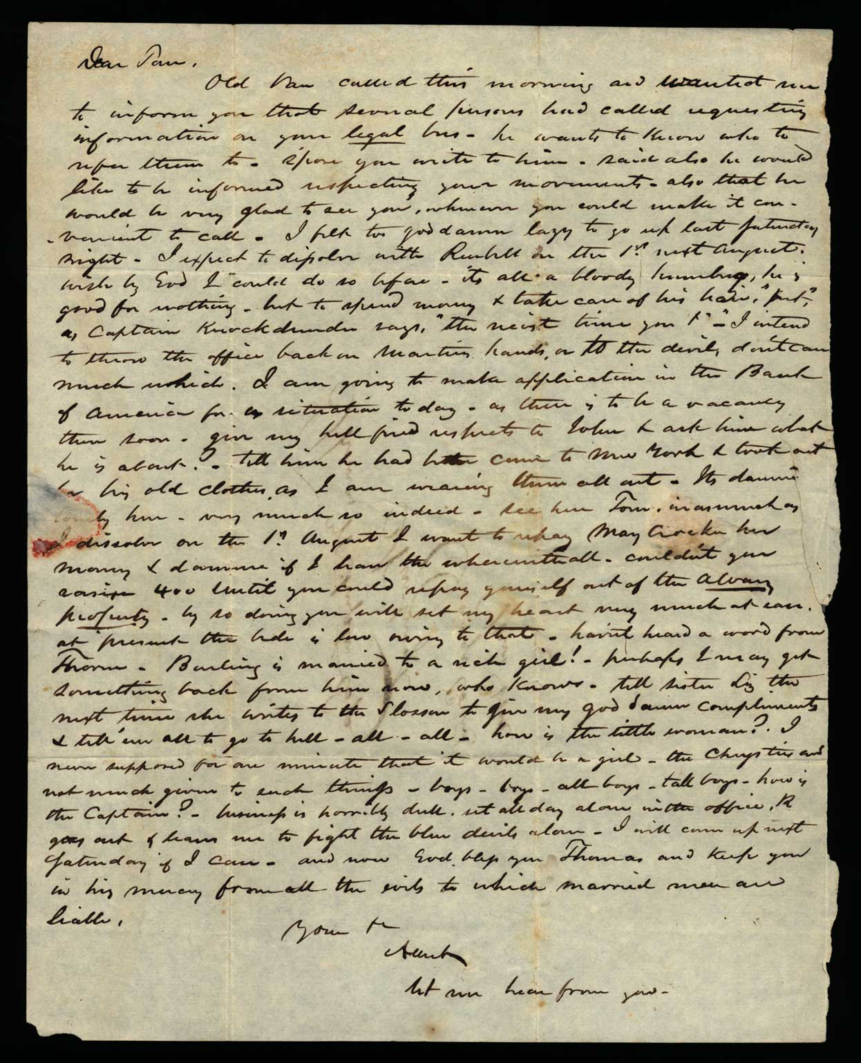 Letter. [Chrystie], Albert [N.], n. p., to Thomas W. Chrystie Esqre, Newburgh, New York, Page 1