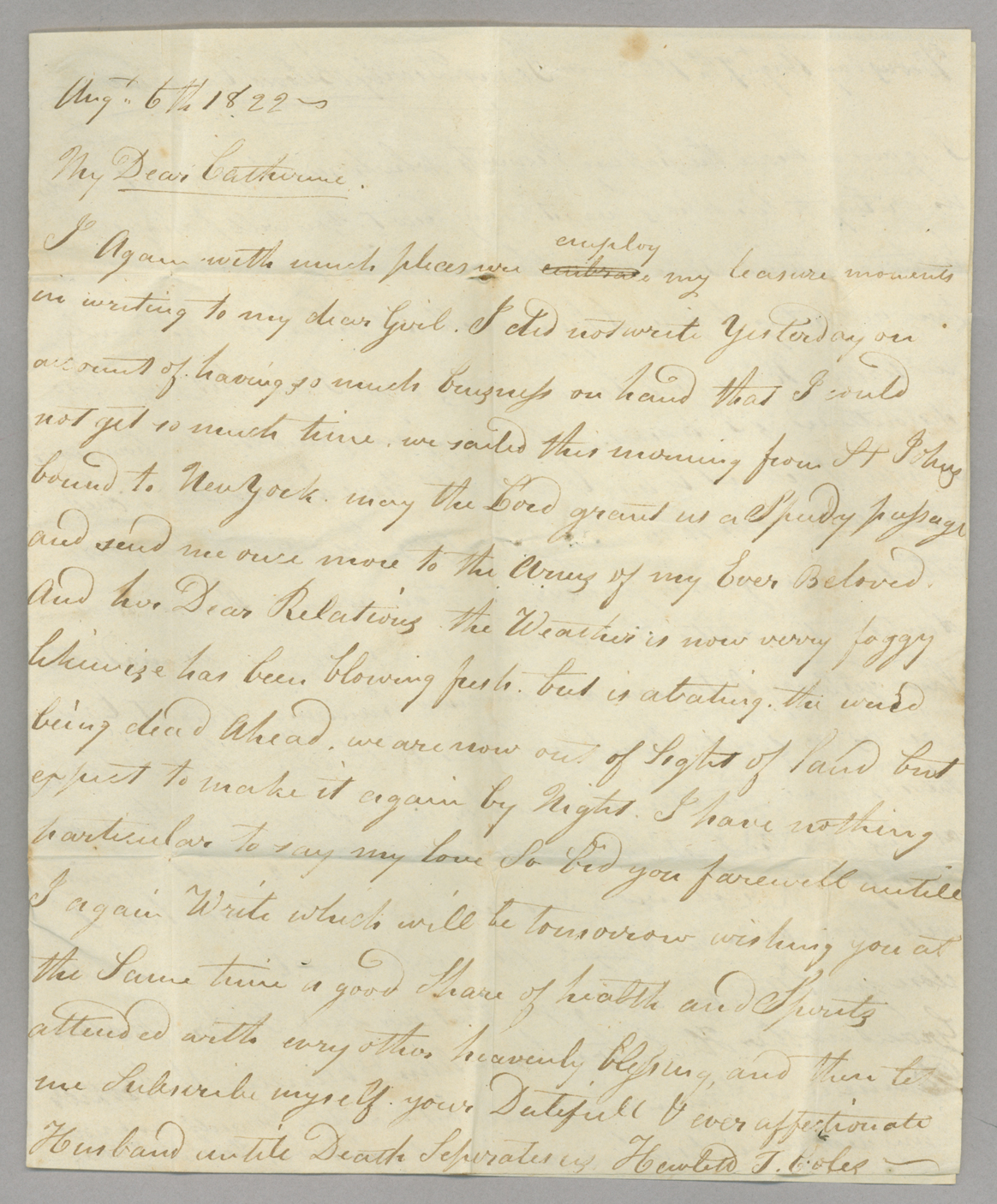 Letter, Hewlett T[ownsend] Coles, St. John's, Newfoundland, to "My Dear Catherine," [Catherine Van Suydam Coles], n.p., Page 1