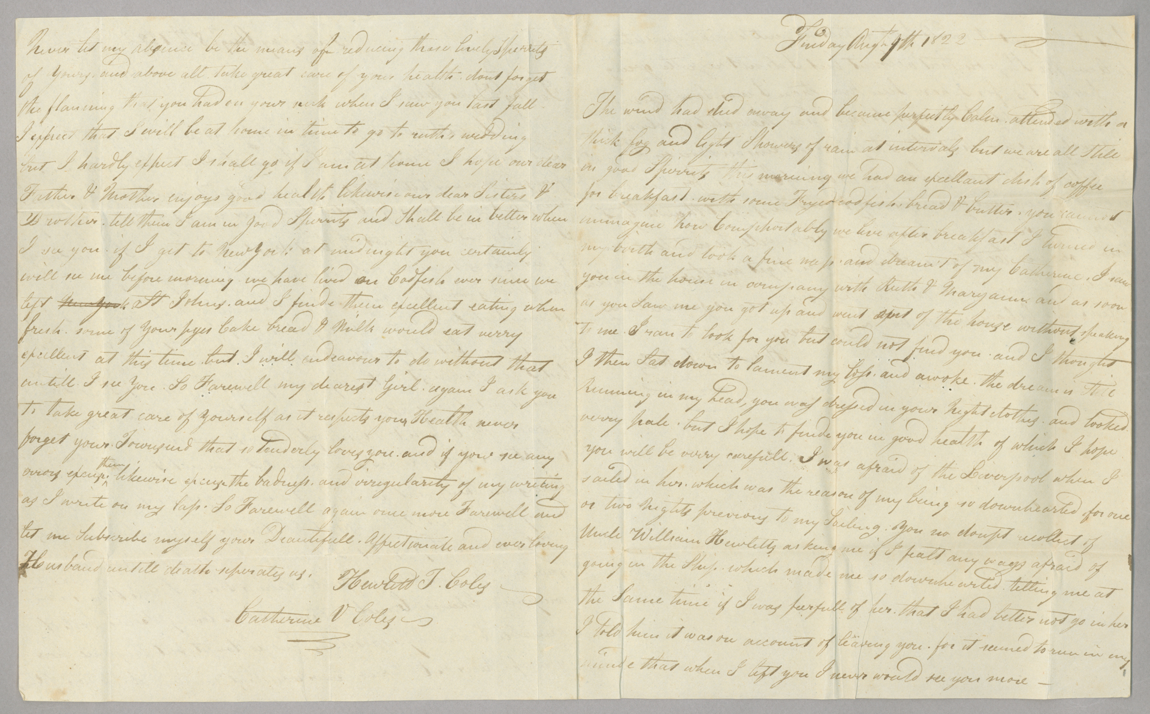 Letter, Hewlett T[ownsend] Coles, at sea, to "My Dear Wife," [Catherine Van Suydam Coles], n.p., Pages 2-3