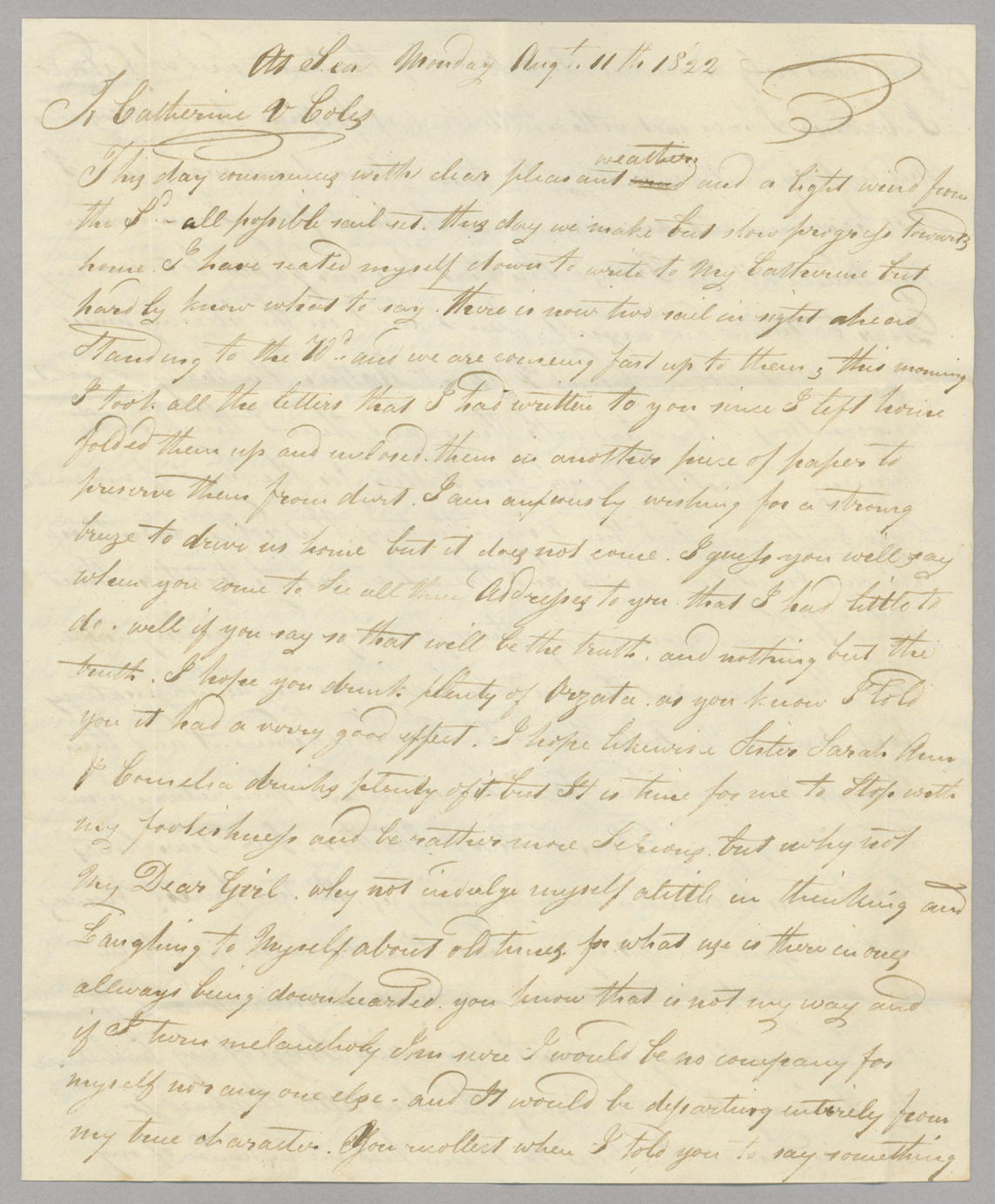 Letter, Hewlett T[ownsend] Coles, at sea, to Catherine V[an Suydam] Coles, n.p., Page 1