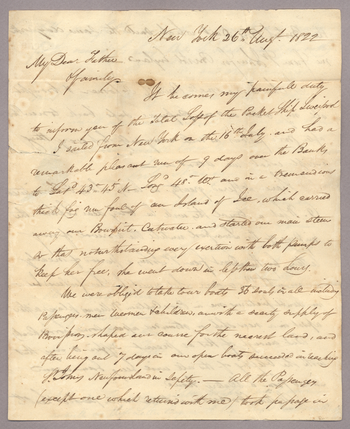 Letter, W[illiam] Lee, Jr., New York, to William Lee, Esq., Phippsburg, Maine, Page 1