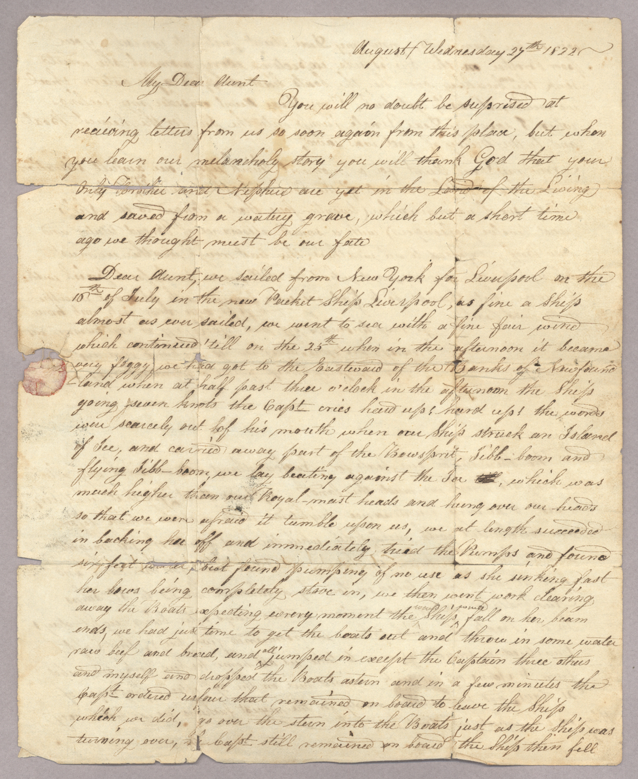 Letter, [William Woodward], n.p., to "My Dear Aunt," [Nancy Lee], n.p., Page 1