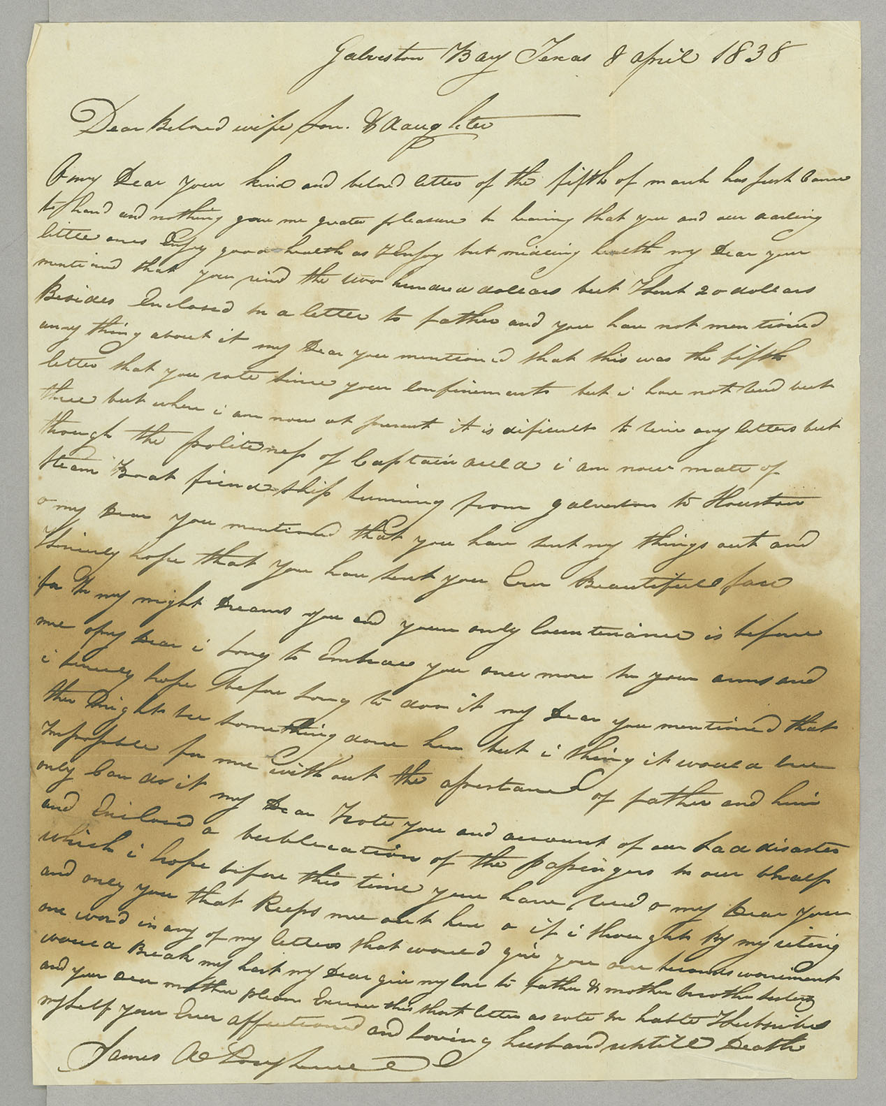 Letter, James A. Loughead, Galveston Bay, Texas, to Elizabeth Loughead, Philadelphia, Pennyslvania, Page 1