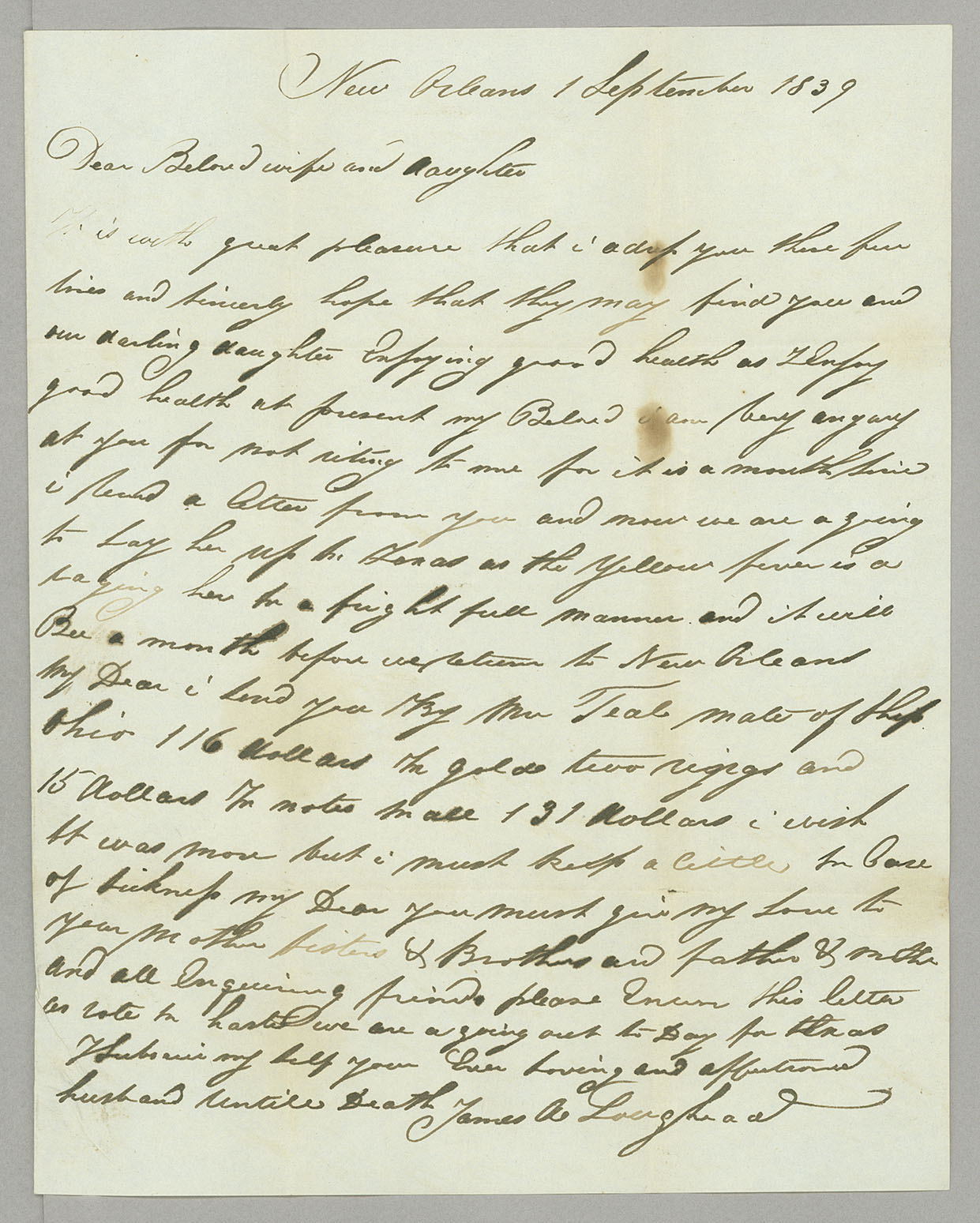 Letter, James A. Loughead, New Orleans, Louisiana, to Elizabeth Loughead, Philadelphia, Pennsylvania, Page 1