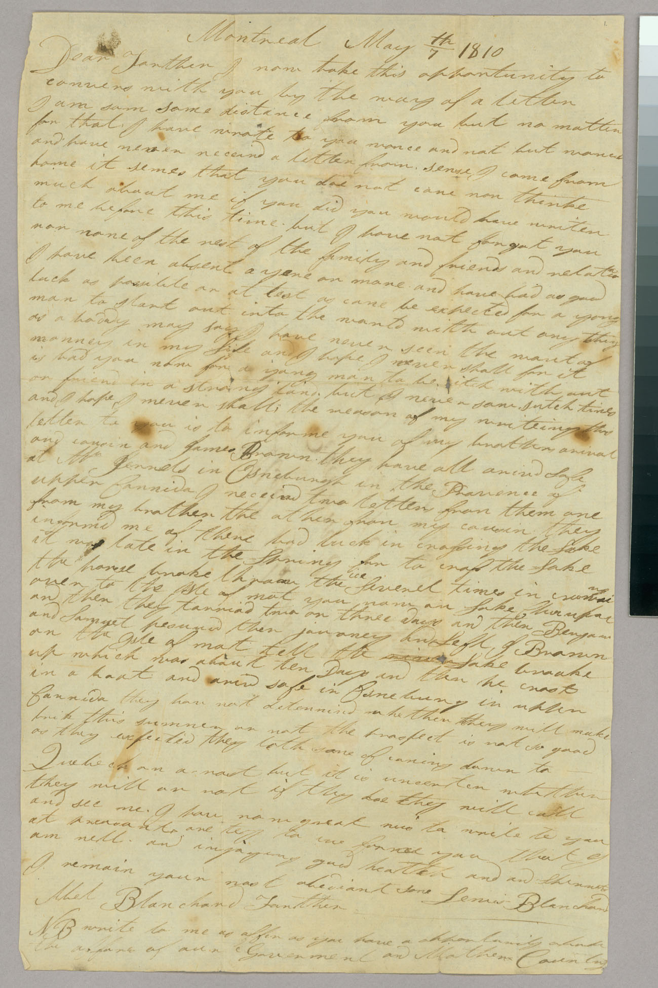 Letter, Lewis Blanchard, Montreal, Lower Canada, to Capt Abel Blanchard, Peacham, Vermont, Page 1