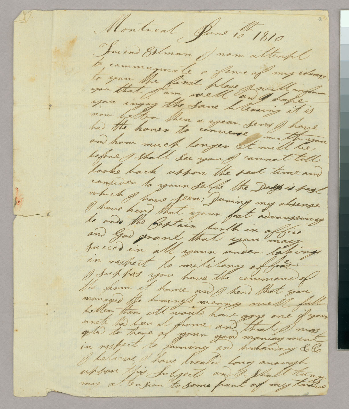 Letter, [Lewis Blanchard], Montreal, Lower Canada, to Mr Thomas Estman, Peacham, Vermont, Page 1