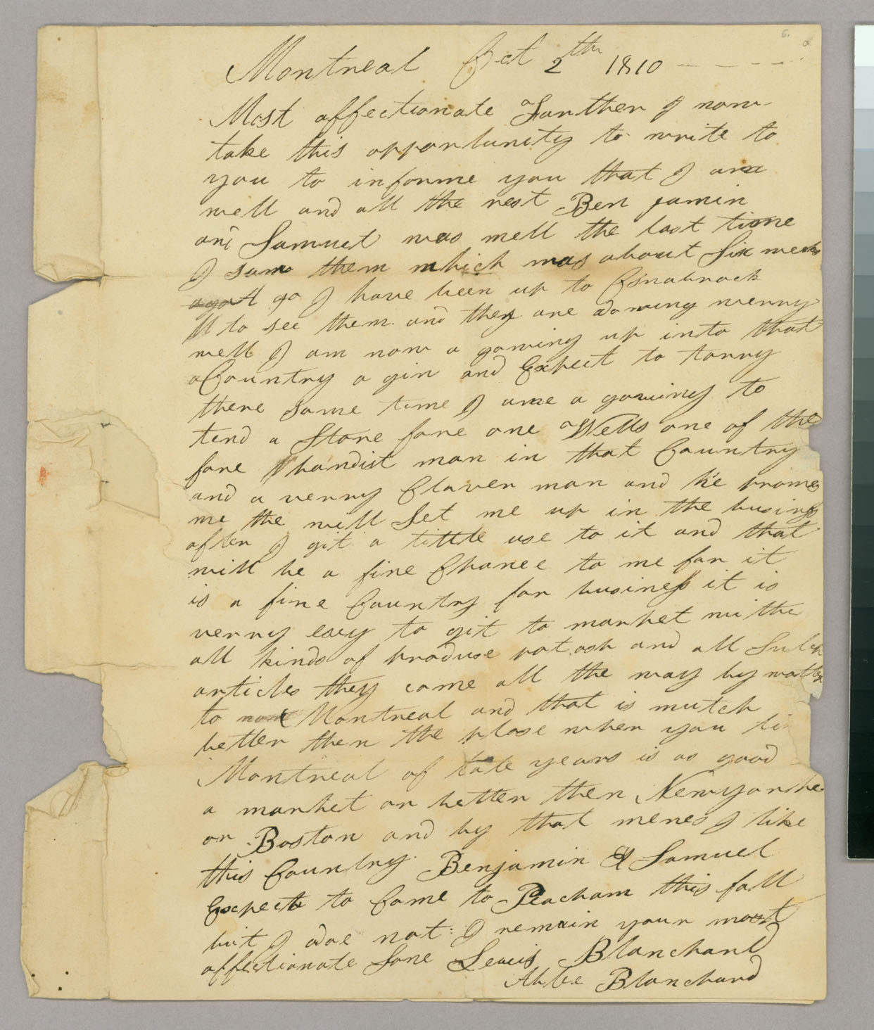 Letter, Lewis Blanchard, Montreal, Lower Canada, to Mr Able Blanchard, Peacham, Vermont, Page 1