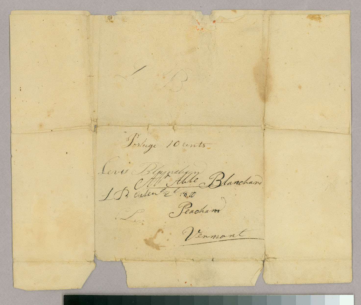 Letter, Lewis Blanchard, Montreal, Lower Canada, to Mr Able Blanchard, Peacham, Vermont, Address Leaf