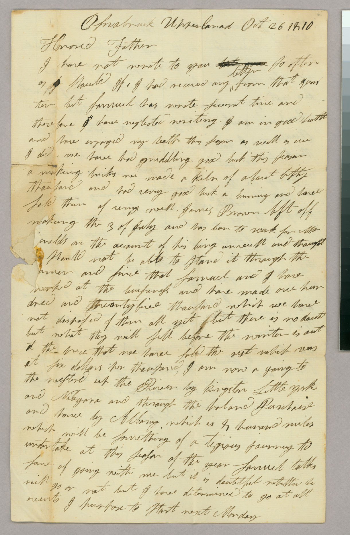 Letter, Benjamin Blanchard, Osnabruck, Upper Canada, to Capt Abel Blanchard, Peacham, Vermont, Page 1