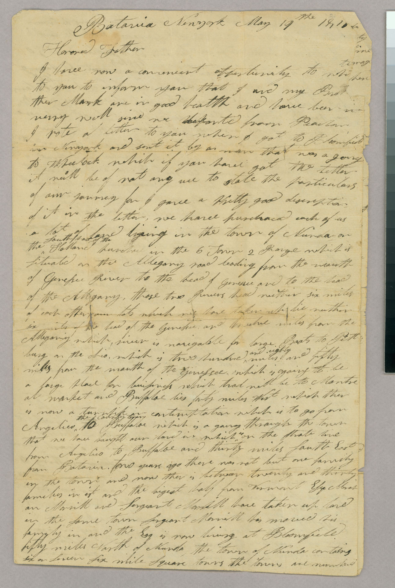 Letter, Ben[jamin] Blanchard, Batavia, New York, to Capt Abel Blanchard, Peacham, Vermont, Page 1